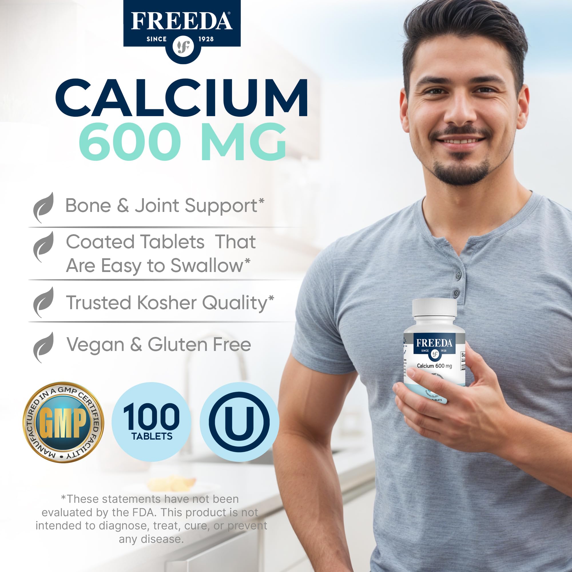 FREEDA Calcium Tablets 600mg packaging on a kitchen counter