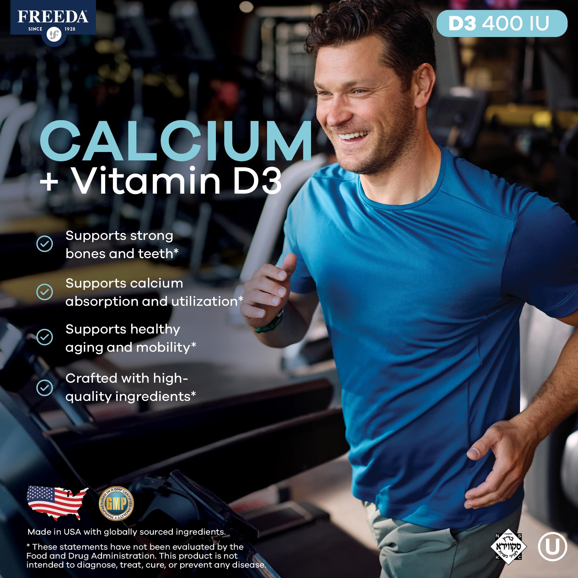 FREEDA Calcium with Vitamin D3 600mg 400IU supplement side view