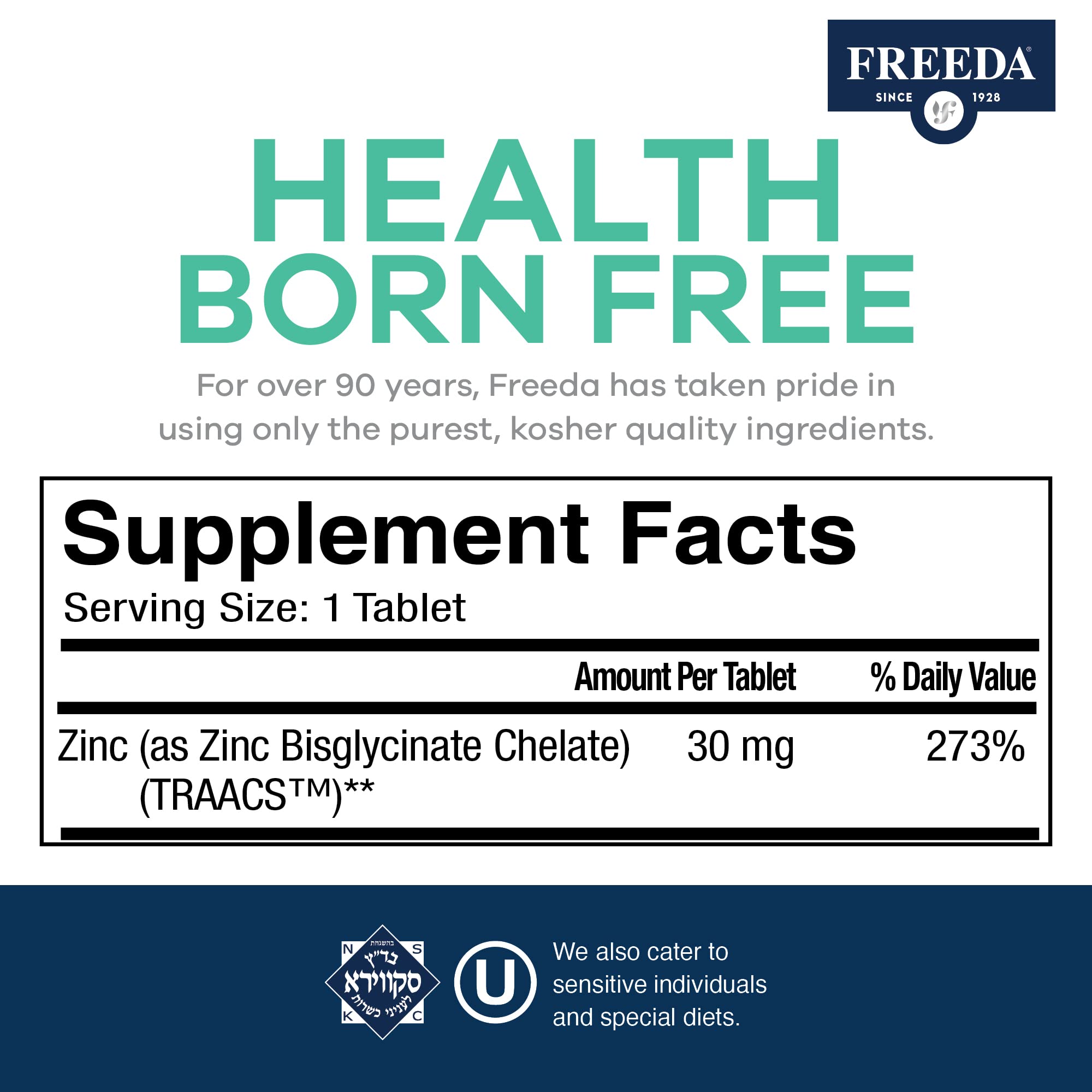 FREEDA Chelated Zinc 30mg Tablets packaging