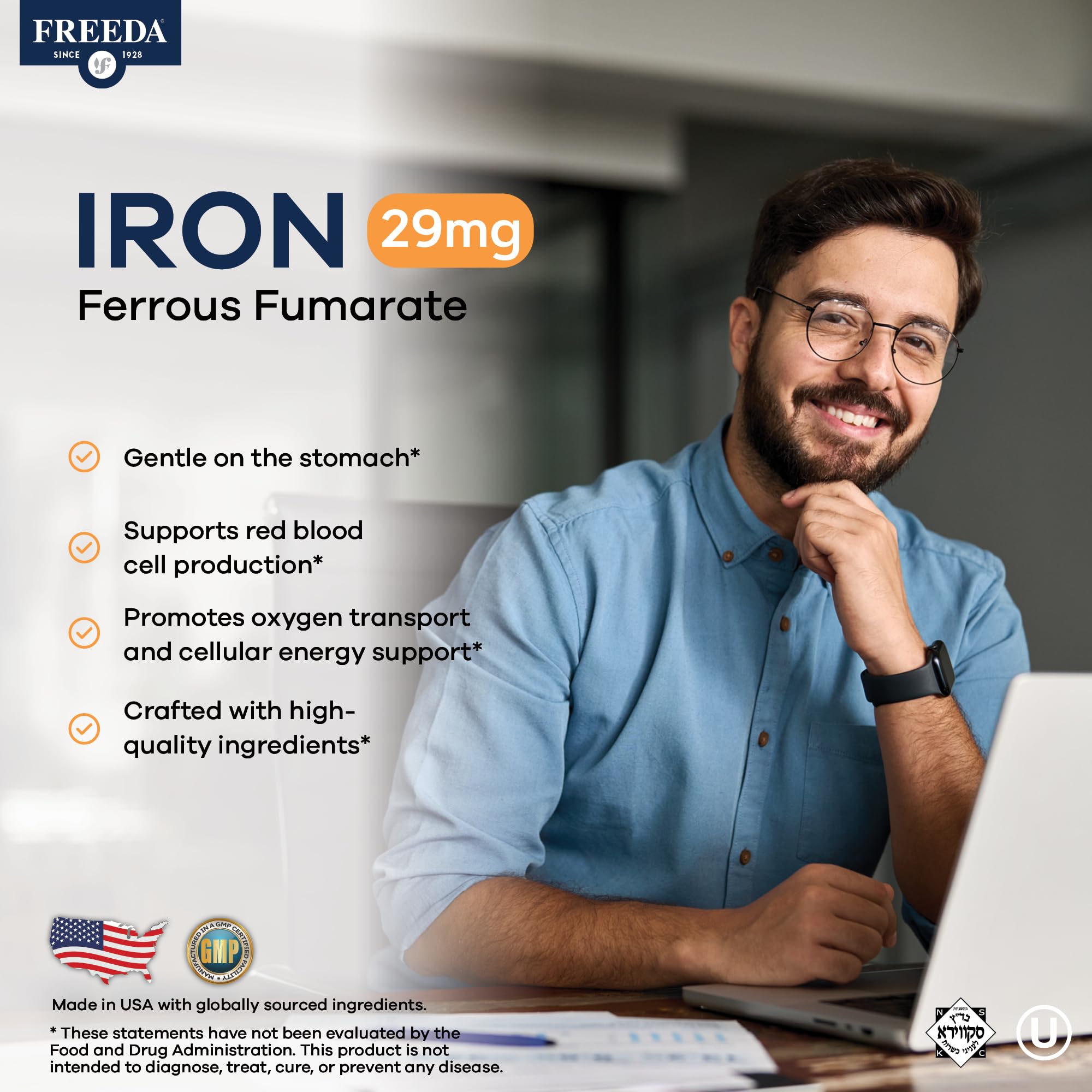 FREEDA Iron Supplement 29mg back view with ingredients