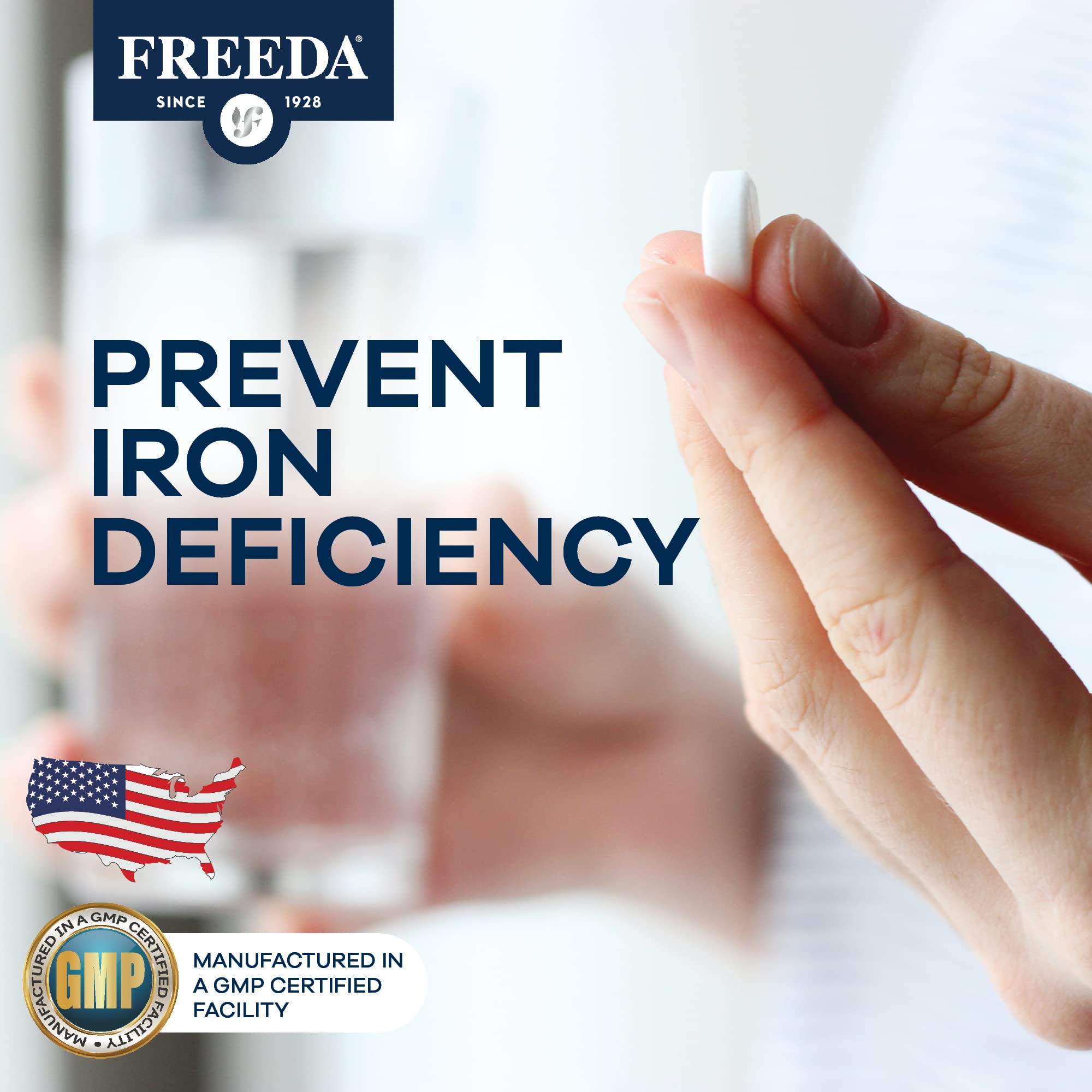 FREEDA Iron Supplement 29mg with other vitamins on a table