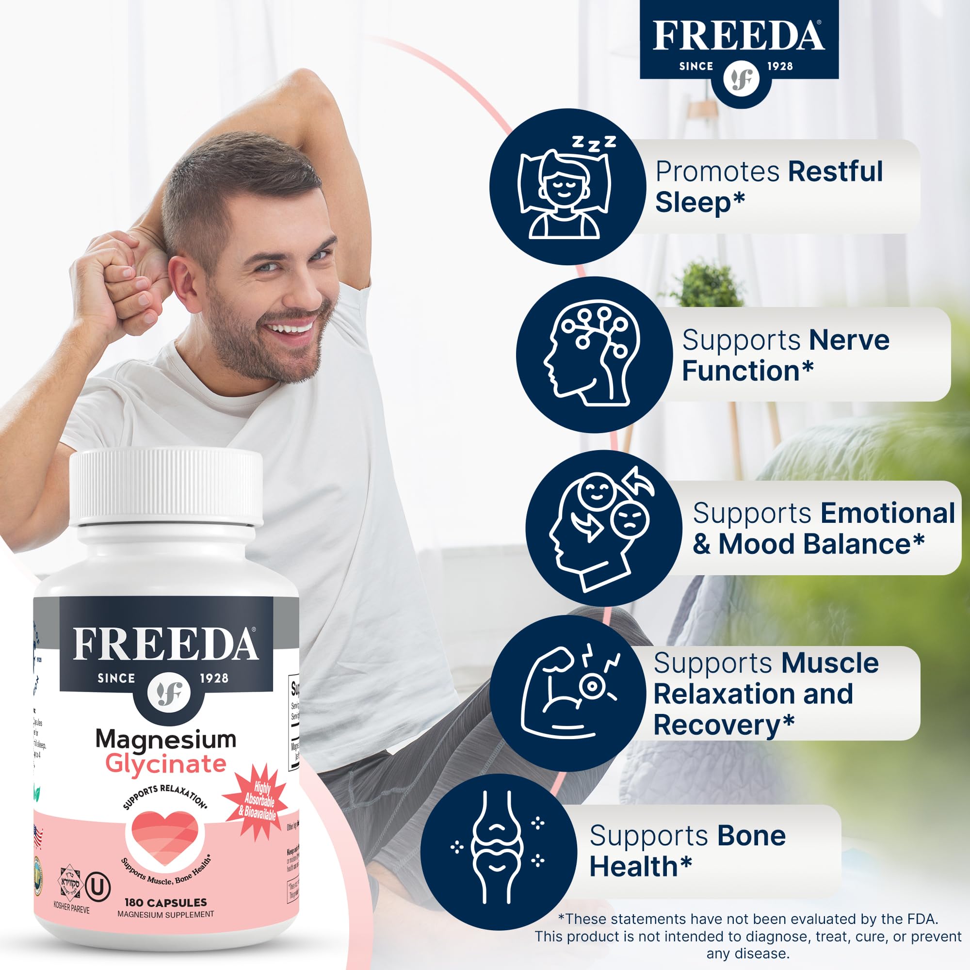 FREEDA Magnesium Bisglycinate Supplement capsules in a bowl