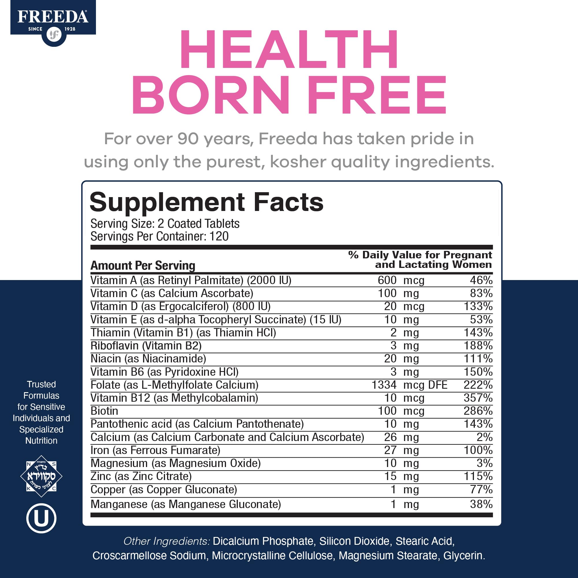FREEDA Mini Prenatal Vitamins 60 Tablets with a glass of water