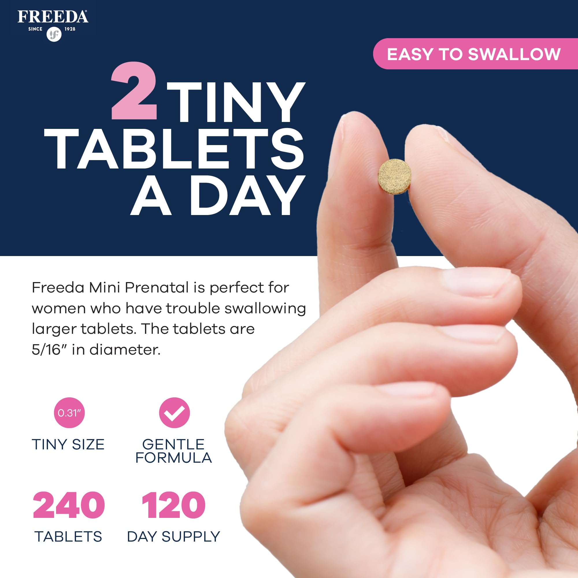 FREEDA Mini Prenatal Vitamins 60 Tablets with a measuring spoon