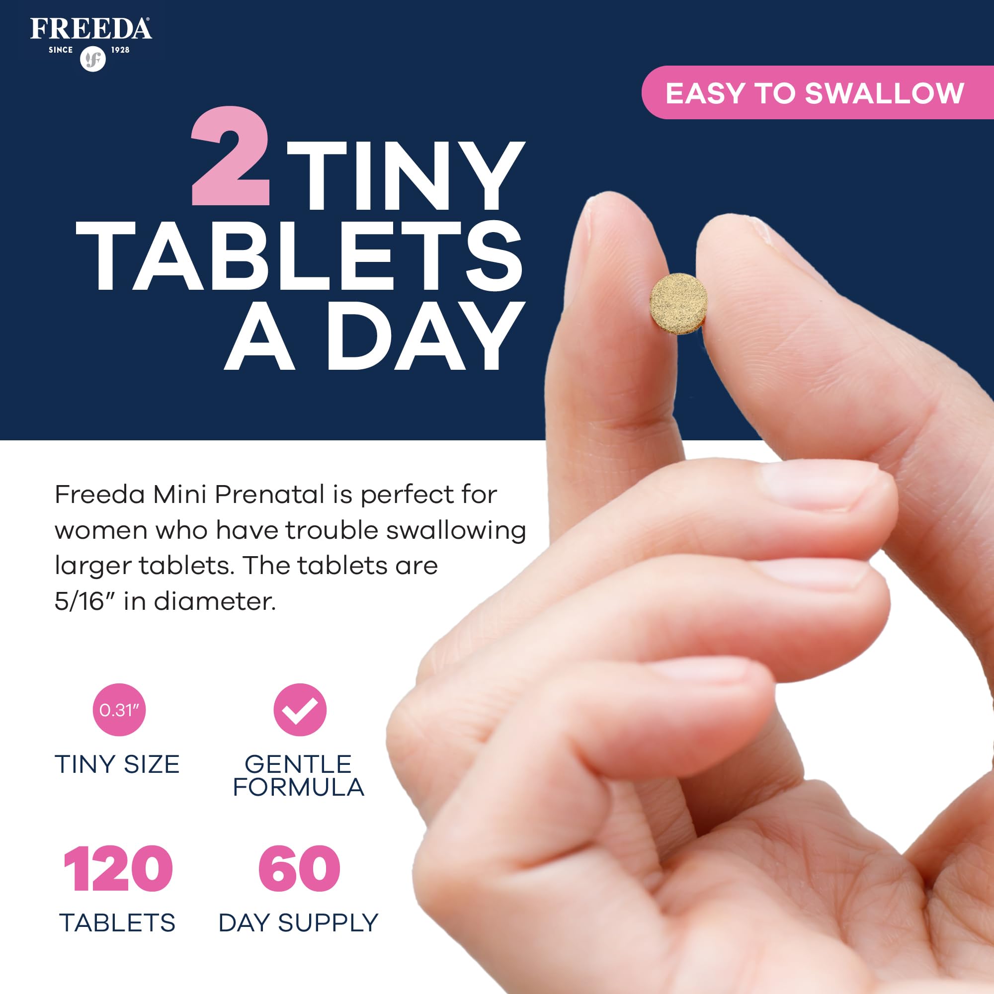FREEDA Mini Prenatal Vitamins easy to swallow tablets close-up