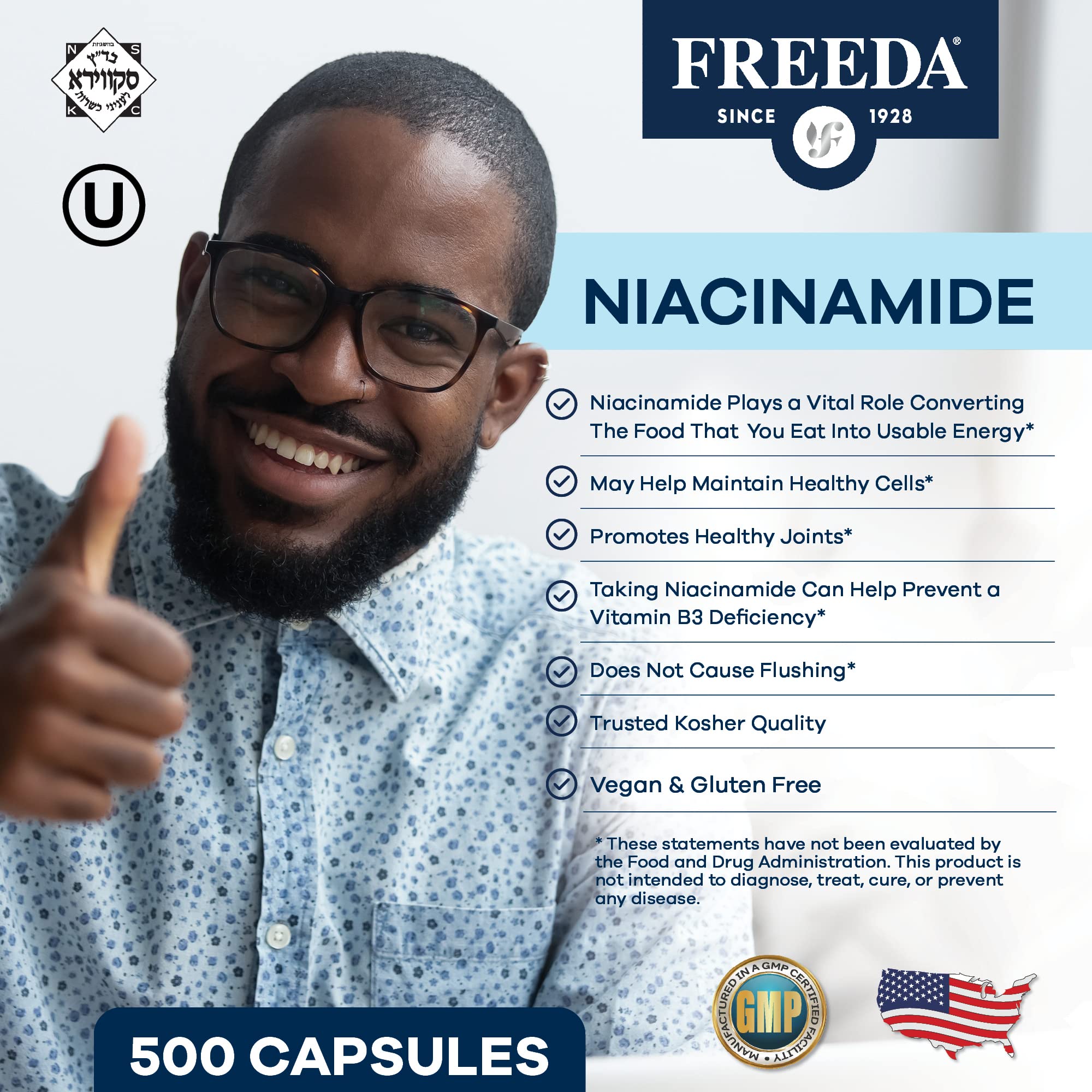 FREEDA Pure Niacinamide Vitamin B3 Capsules side view with label