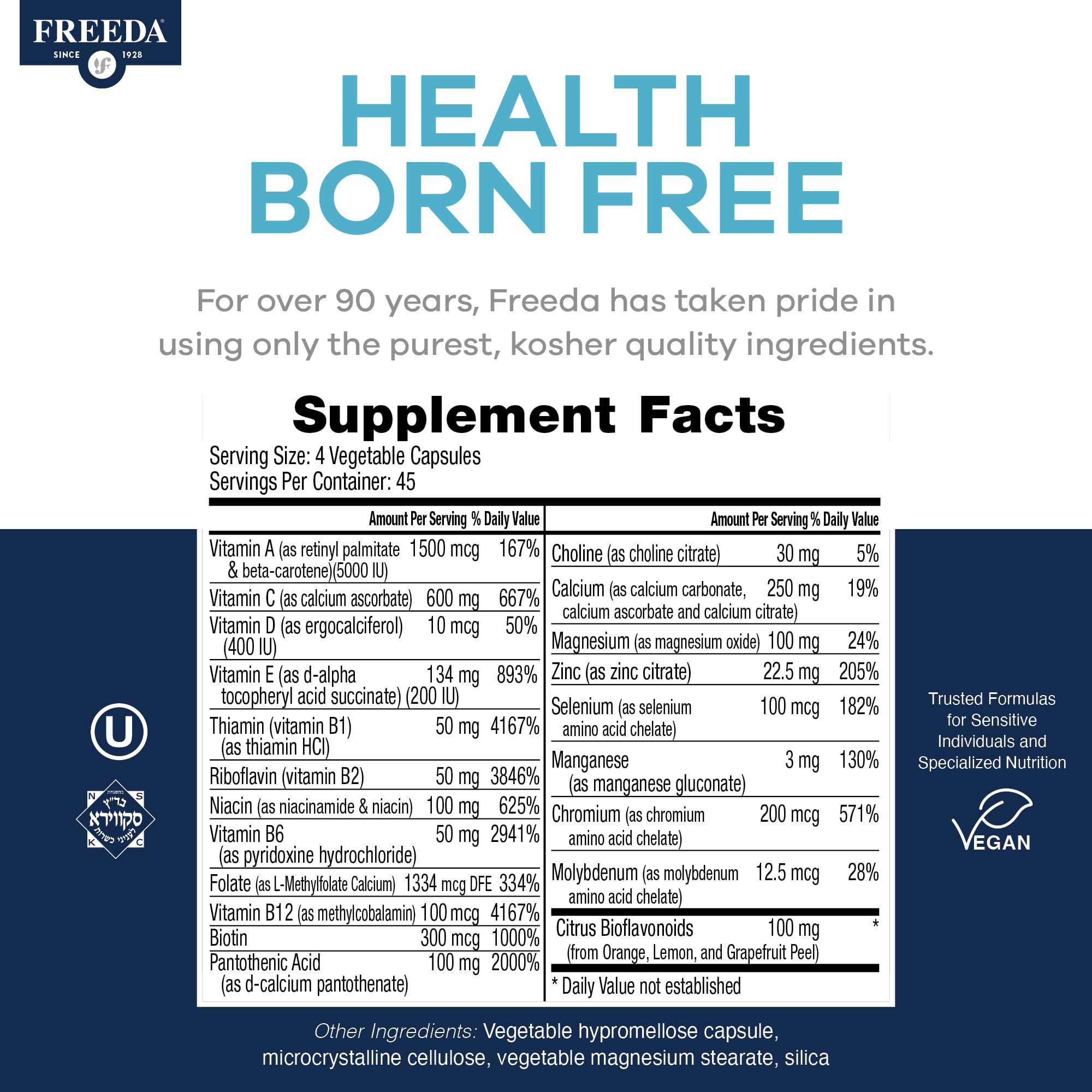FREEDA SCD Adult Multivitamins back label with ingredient list