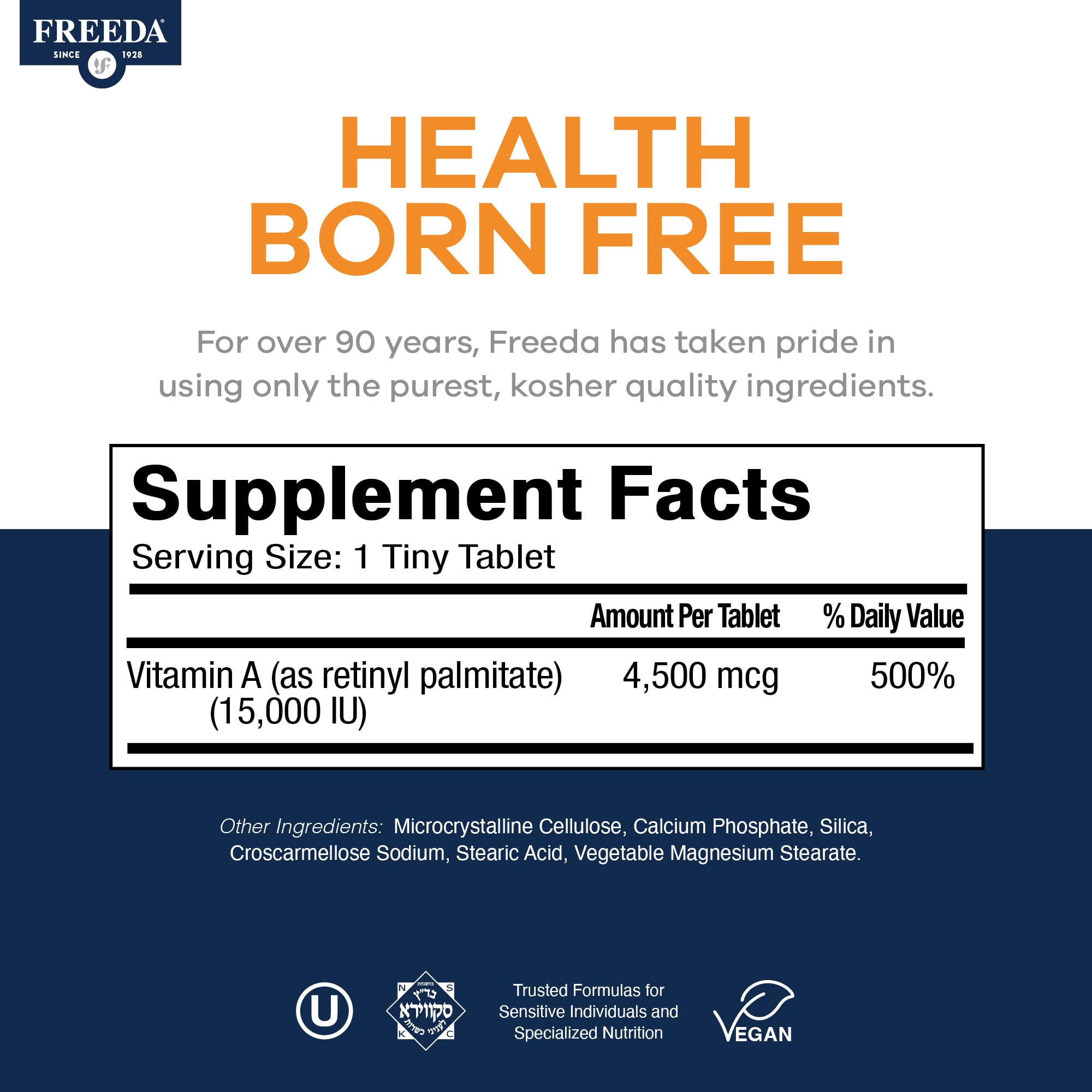 FREEDA Vitamin A Supplement packaging with details