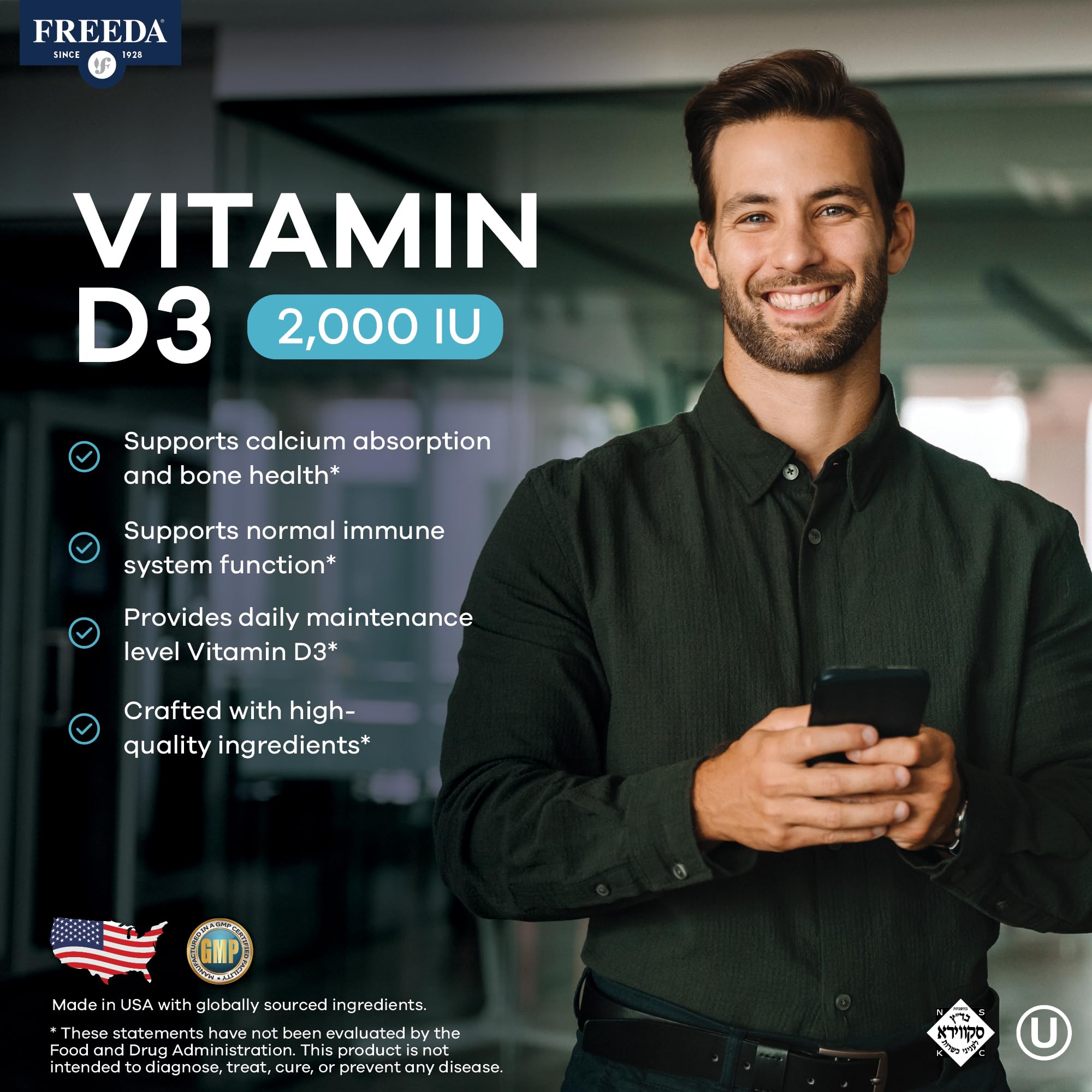 FREEDA Vitamin D3 2000 IU packaging side view