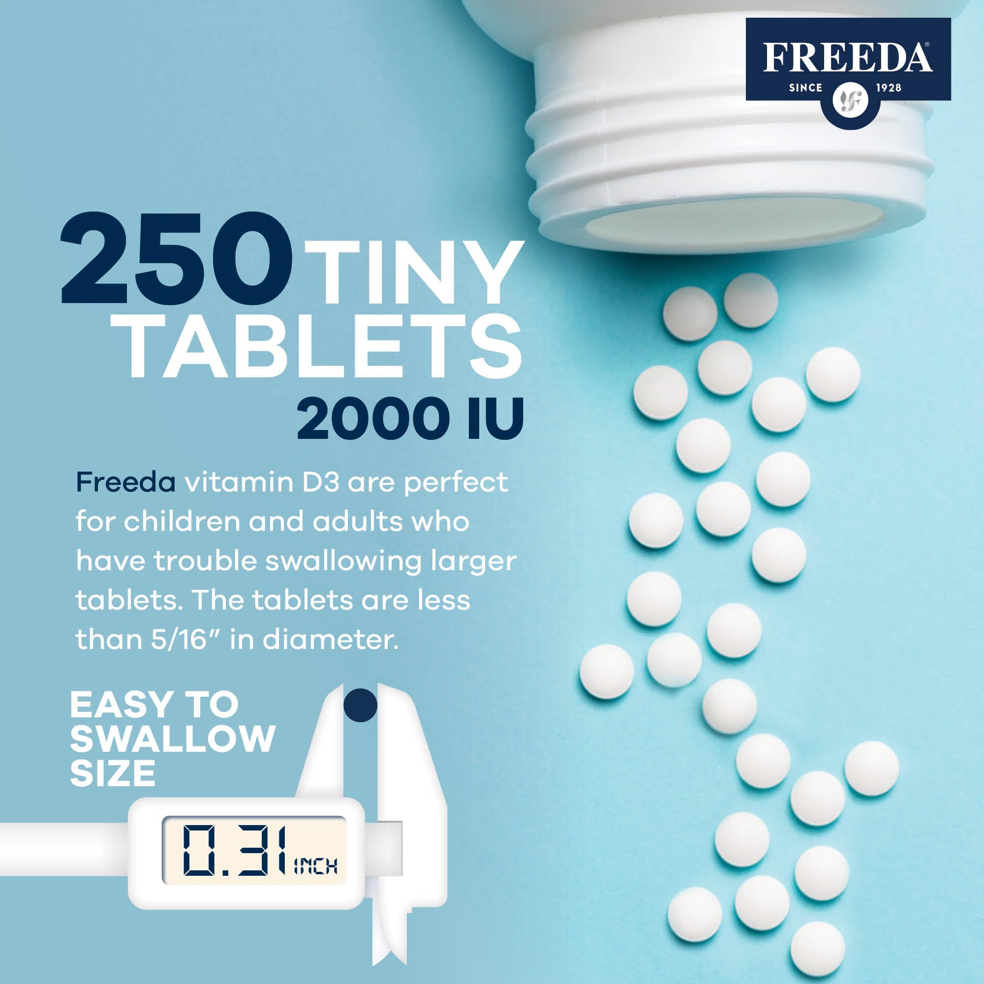 FREEDA Vitamin D3 2000 IU tablets on a wooden table