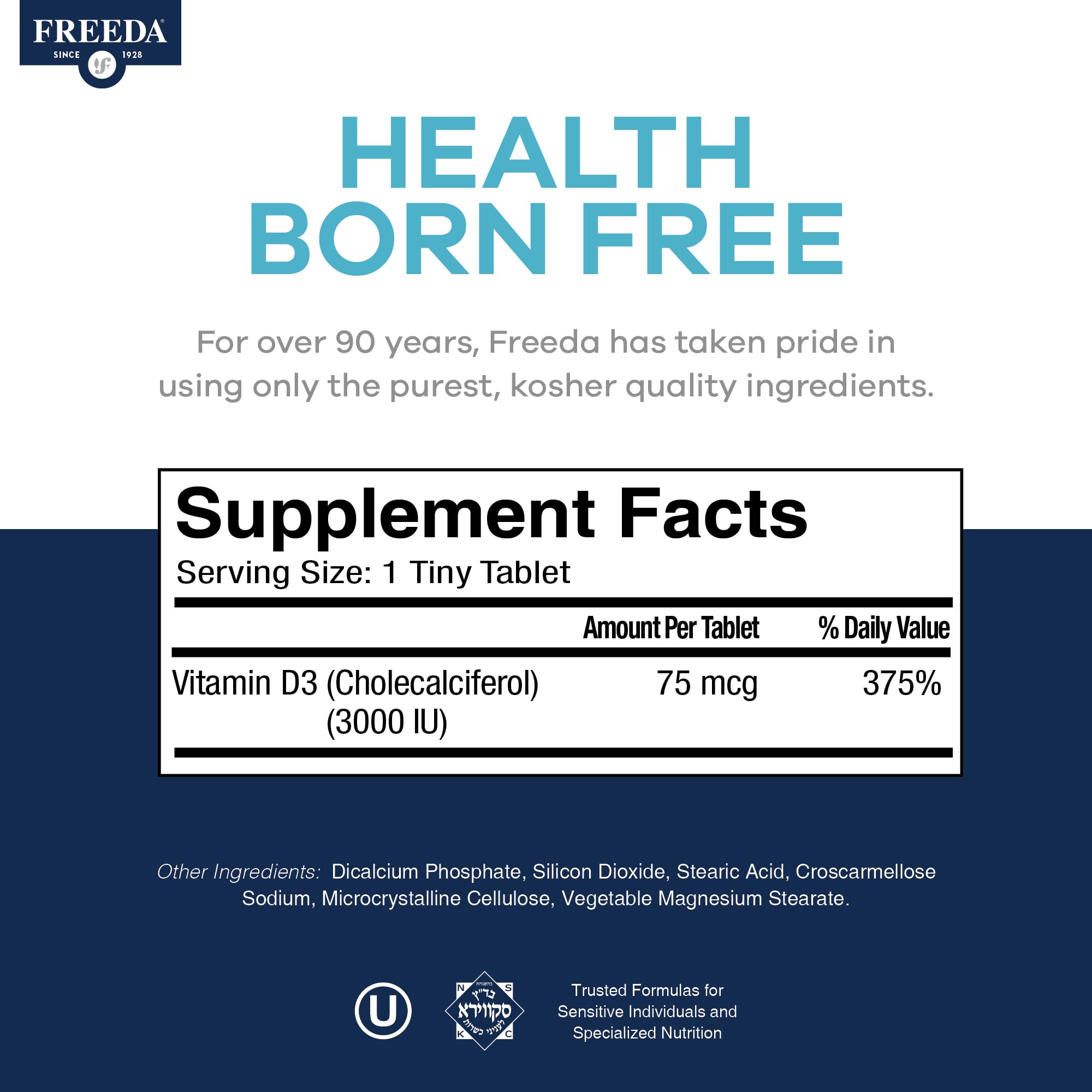 FREEDA Vitamin D3 tablets with packaging dimensions