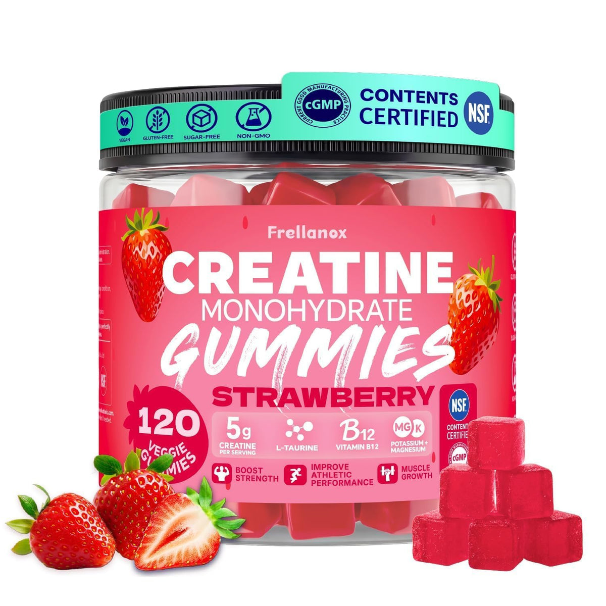 Frellanox Creatine Gummies 5,000 mg strawberry flavour front view