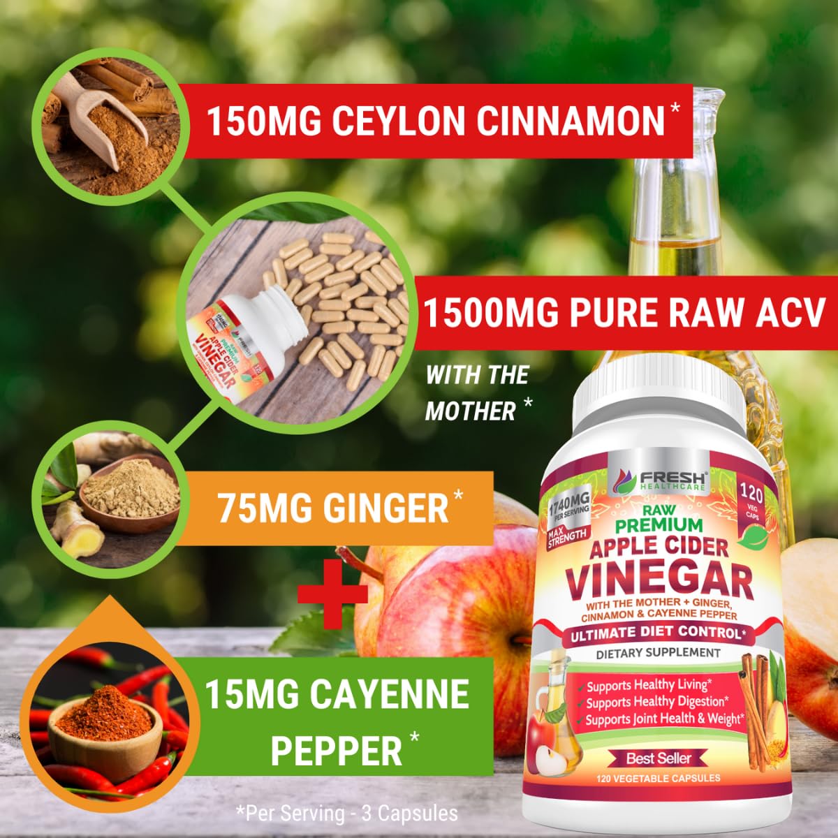 FRESH HEALTHCARE Apple Cider Vinegar Capsules 1500mg capsules on a wooden table