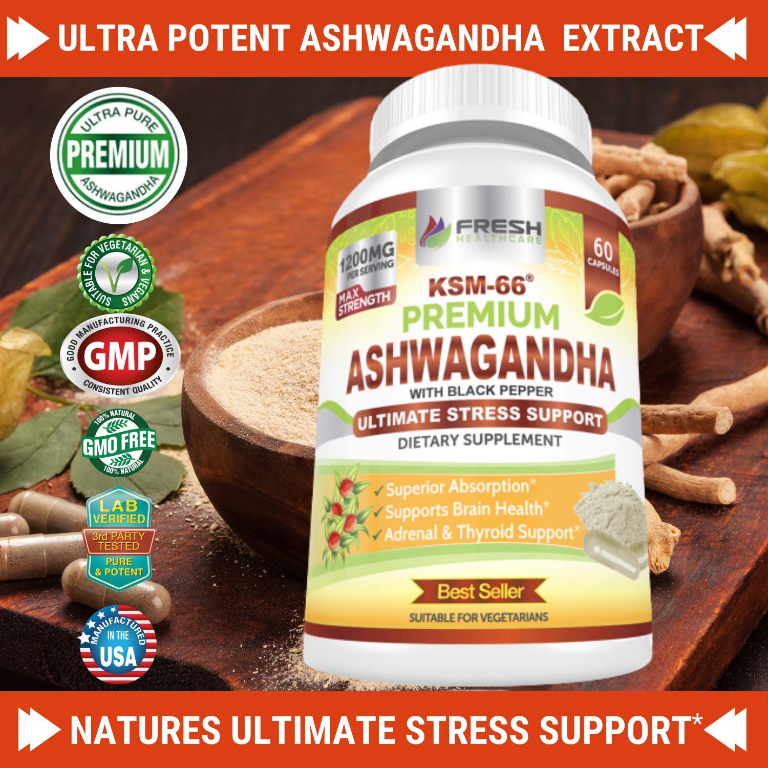 FRESH HEALTHCARE Ashwagandha KSM 66 Capsules side view