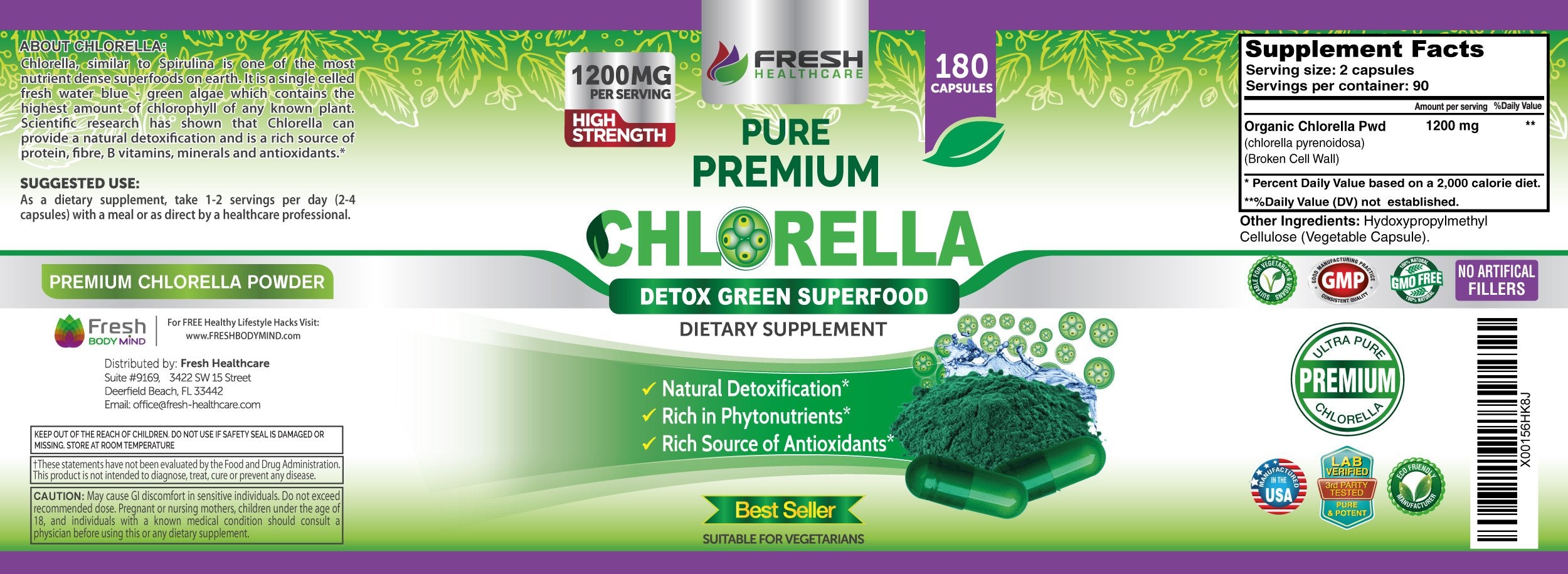 FRESH HEALTHCARE Chlorella Powder Capsules displayed with herbs