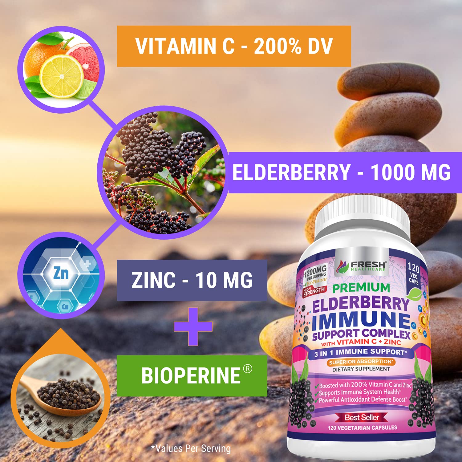 FRESH HEALTHCARE Elderberry daily wellness Support Capsules bottle with label