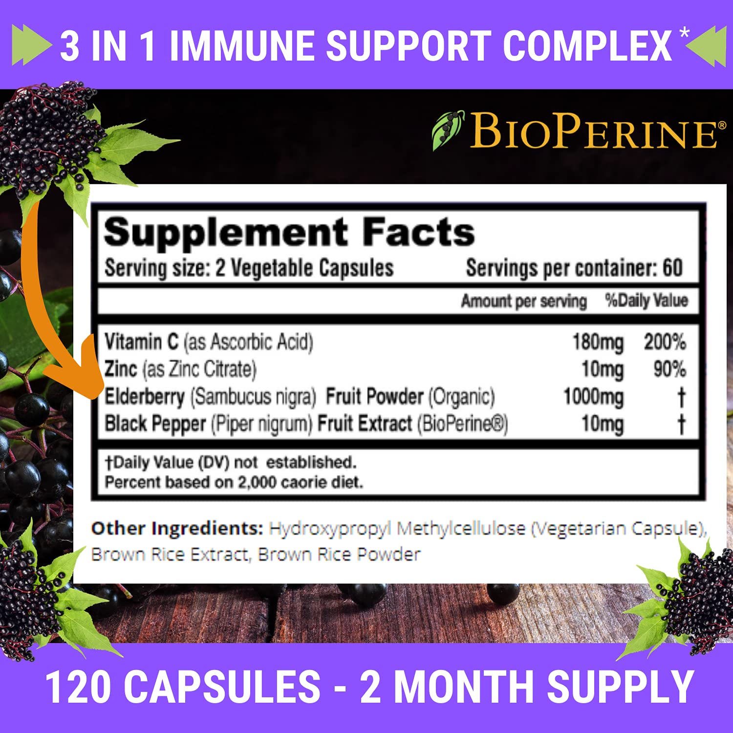 FRESH HEALTHCARE Elderberry daily wellness Support Capsules on a wooden table