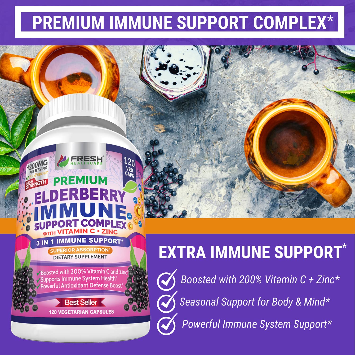 FRESH HEALTHCARE Elderberry daily wellness Support Capsules opened bottle