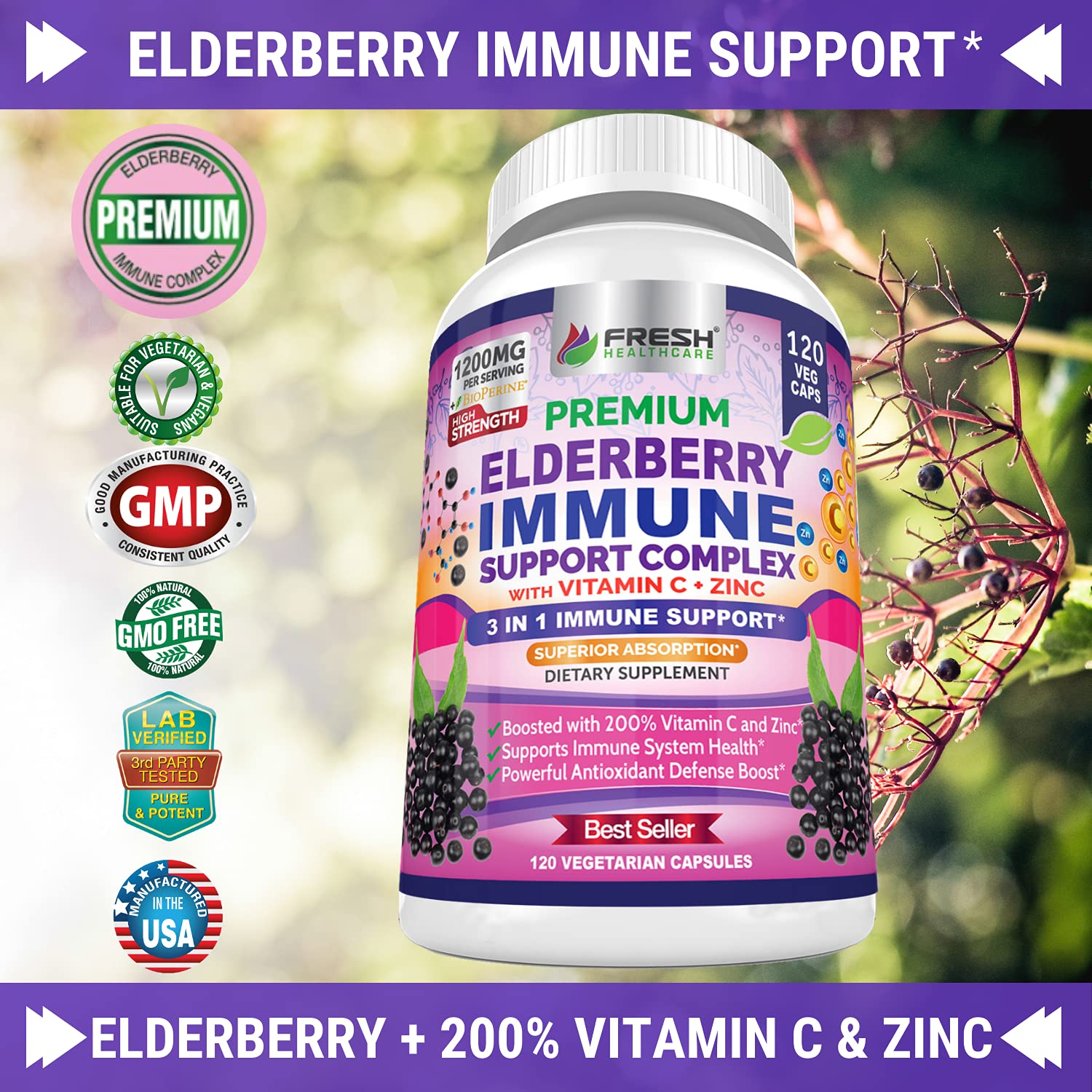 FRESH HEALTHCARE Elderberry daily wellness Support Capsules side view