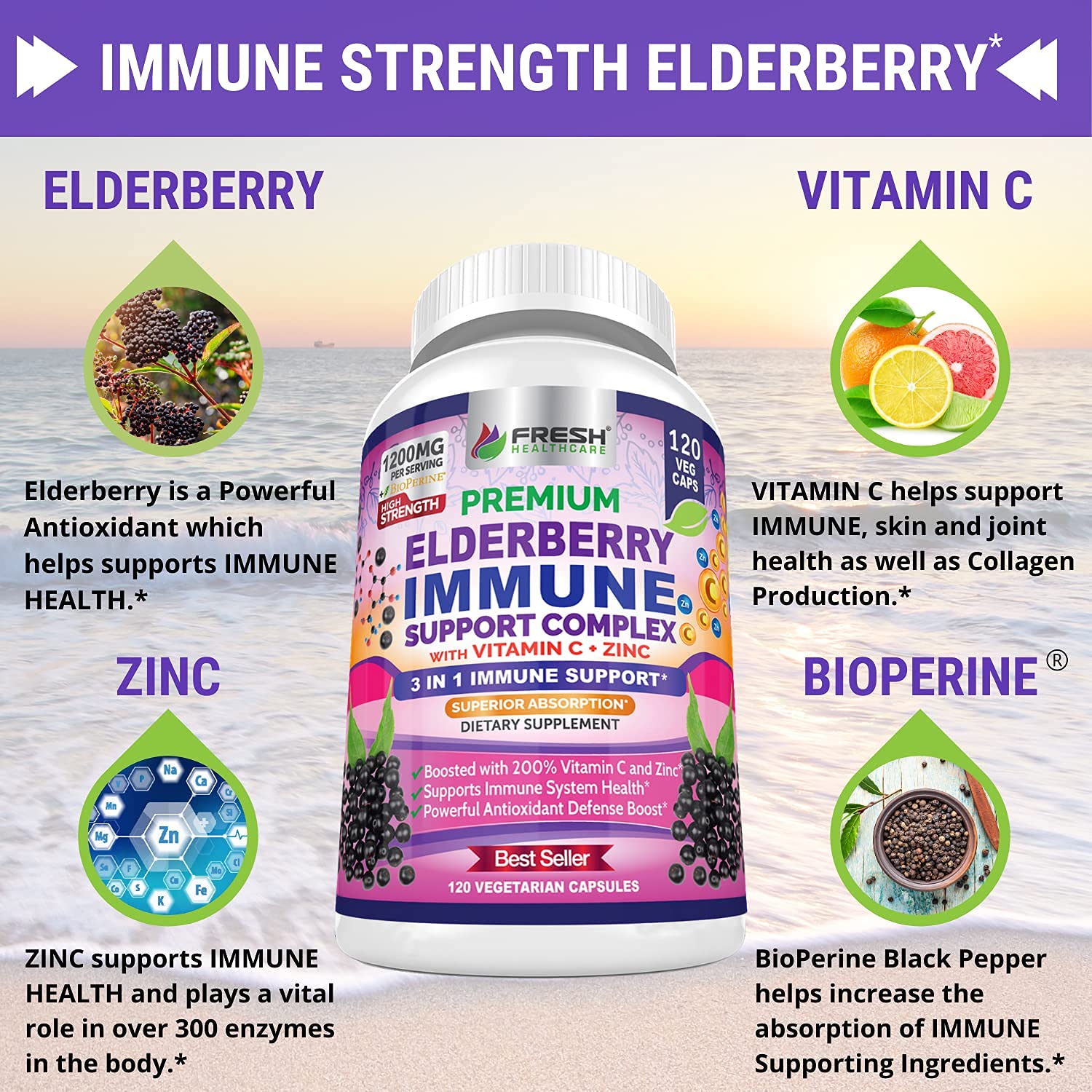 FRESH HEALTHCARE Elderberry daily wellness Support Capsules with measuring spoon