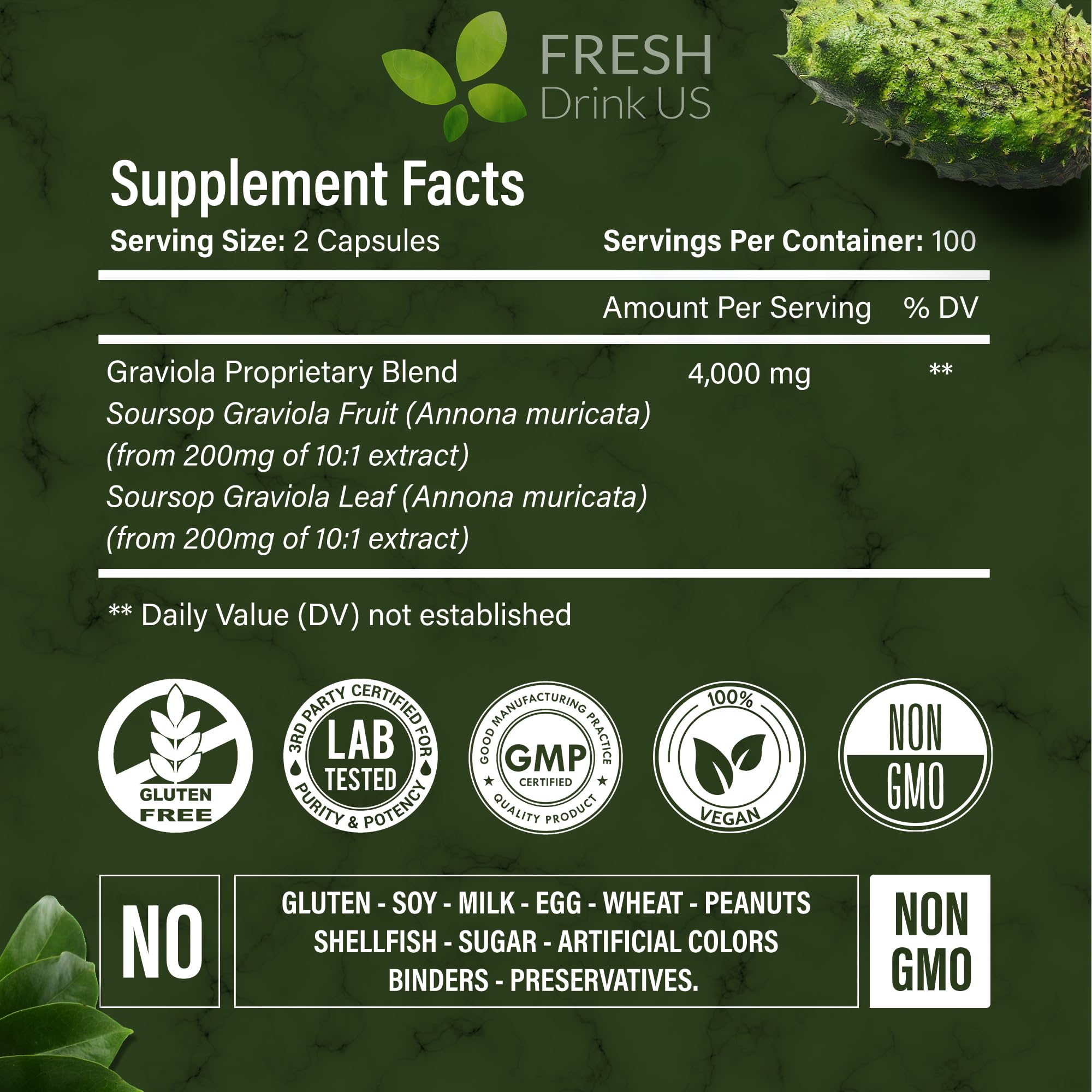 FRESHDRINKUS Soursop Capsules close-up of the capsule