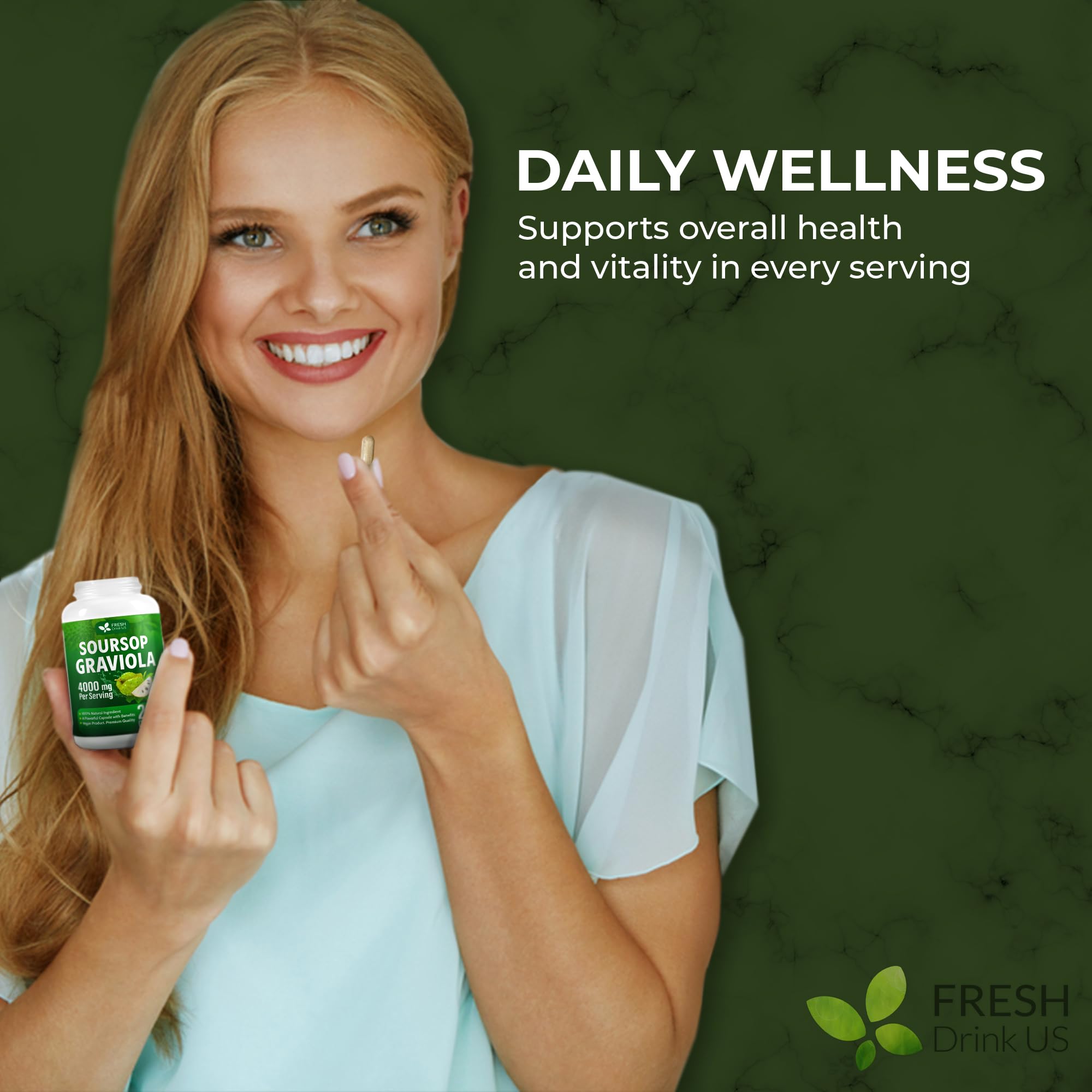FRESHDRINKUS Soursop Capsules displayed with a measuring spoon