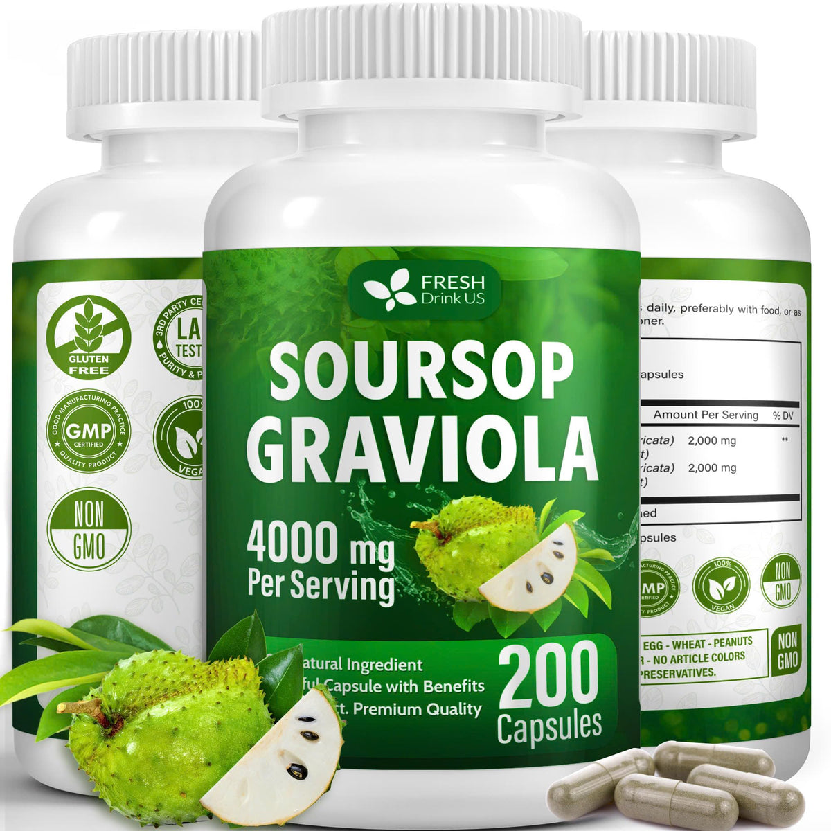 FRESHDRINKUS Soursop Capsules front view with 200 capsules