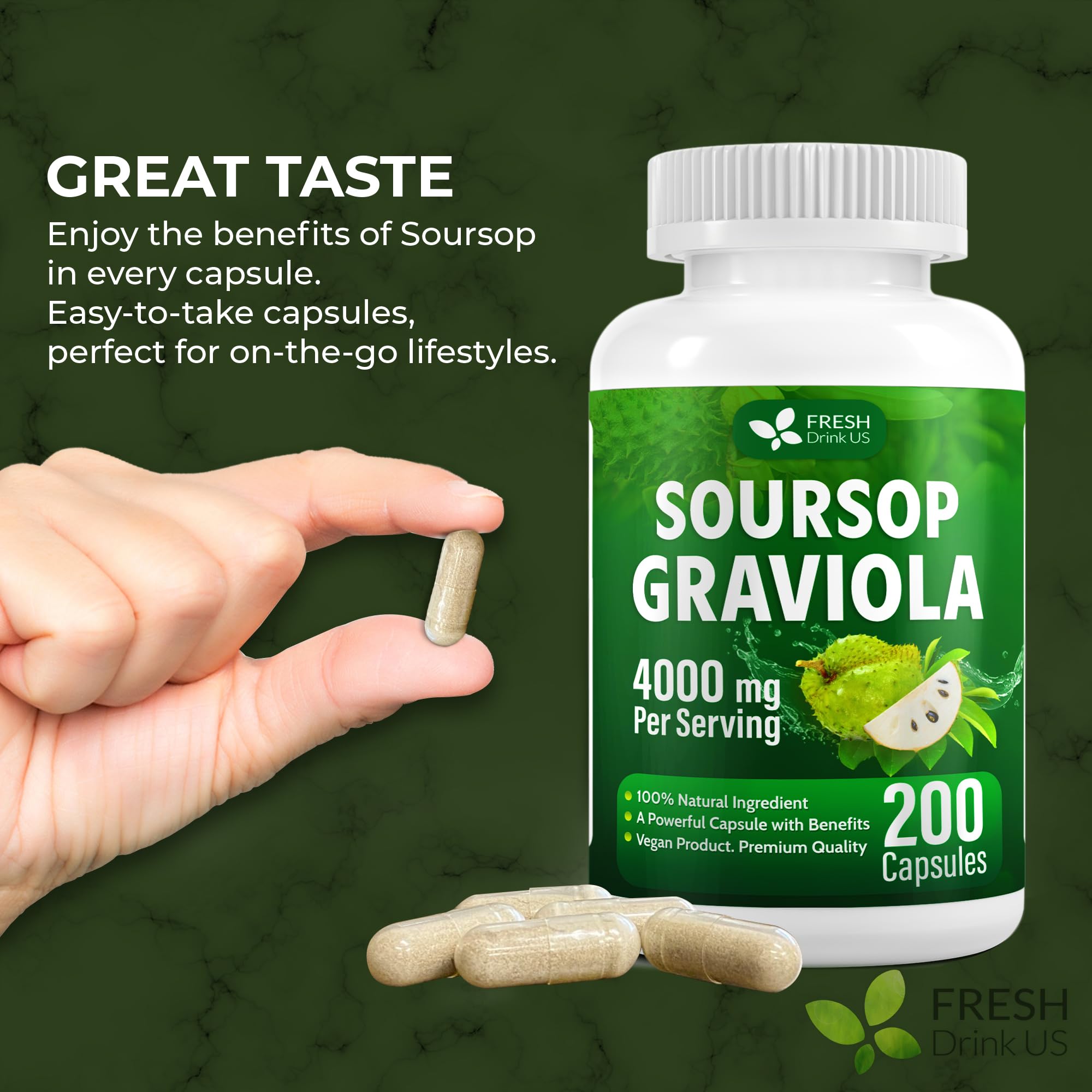 FRESHDRINKUS Soursop Capsules in a lifestyle setting