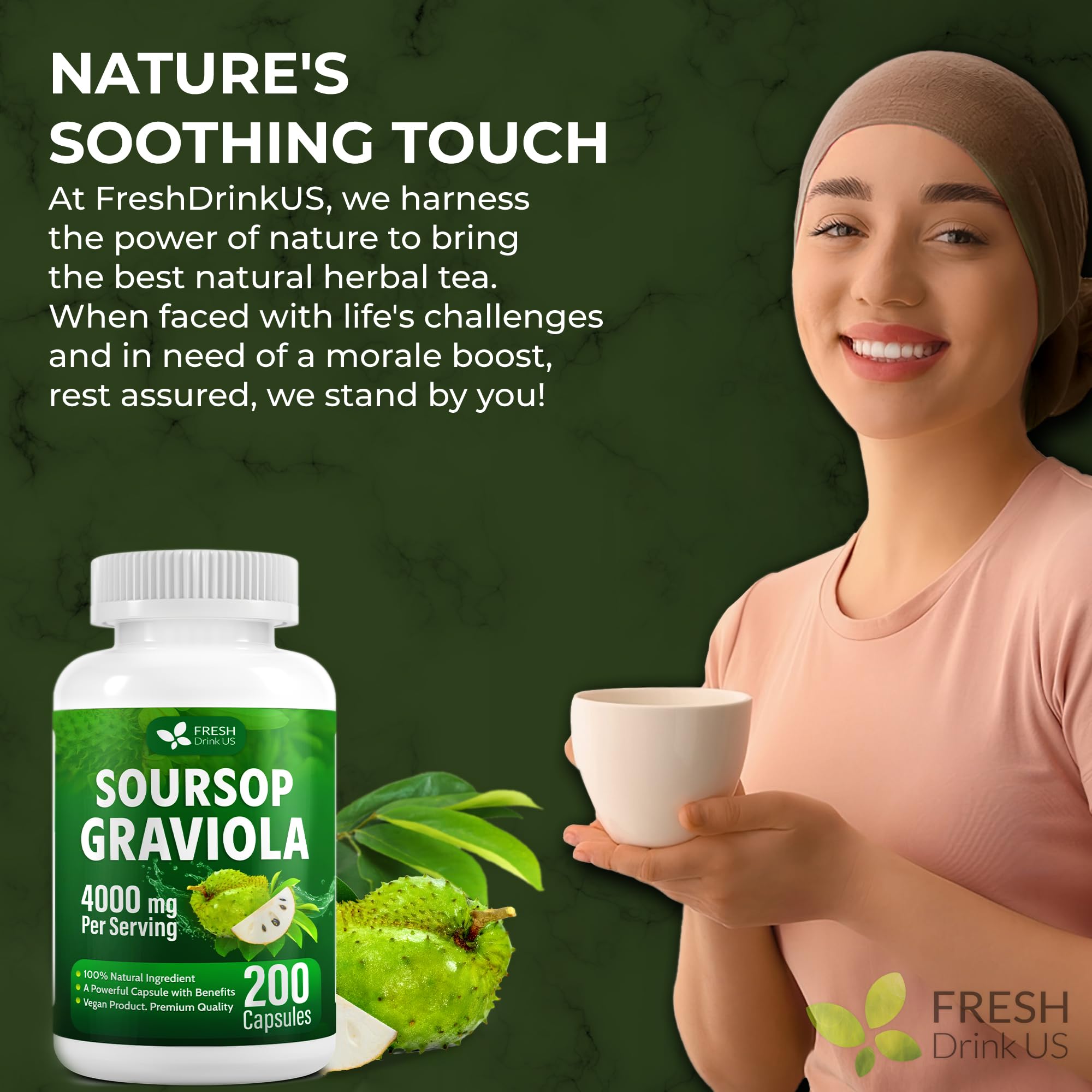 FRESHDRINKUS Soursop Capsules on a wooden table