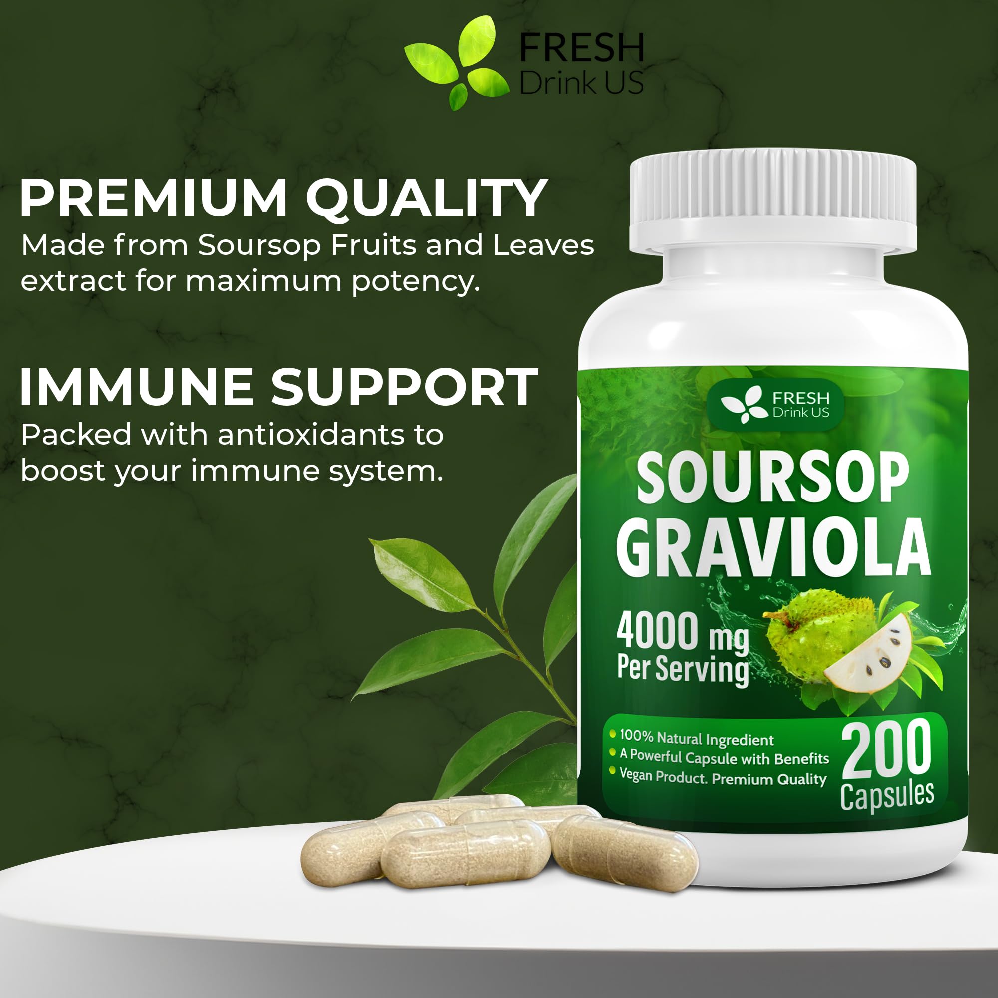 FRESHDRINKUS Soursop Capsules side view showing packaging details