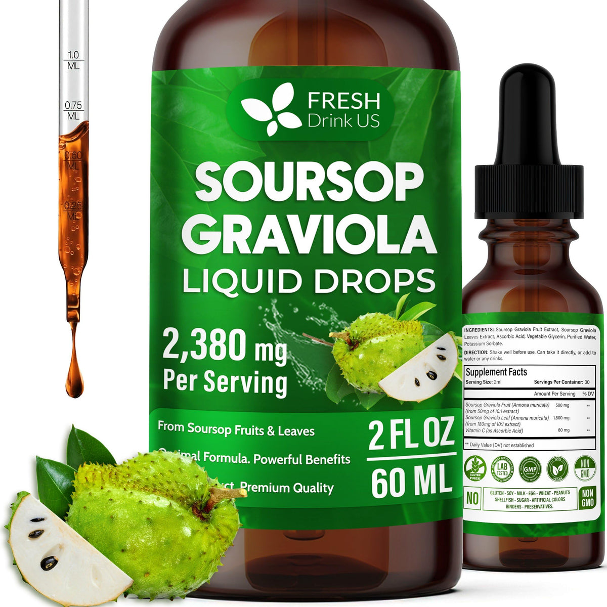 FRESHDRINKUS Soursop Extract Liquid 2 fl oz bottle front view