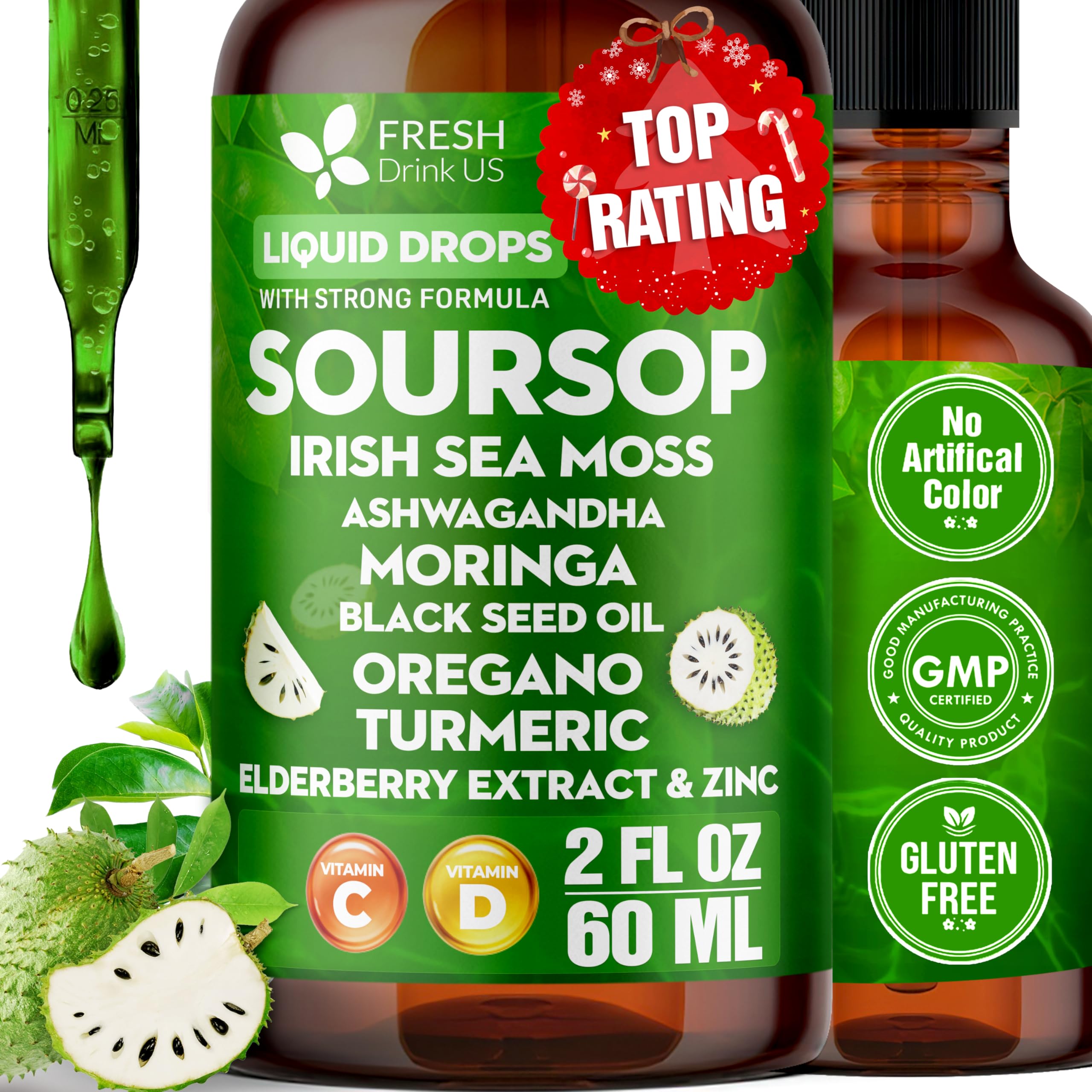 FRESHDRINKUS Soursop Leaves herbal supplement 2 fl oz bottle front view