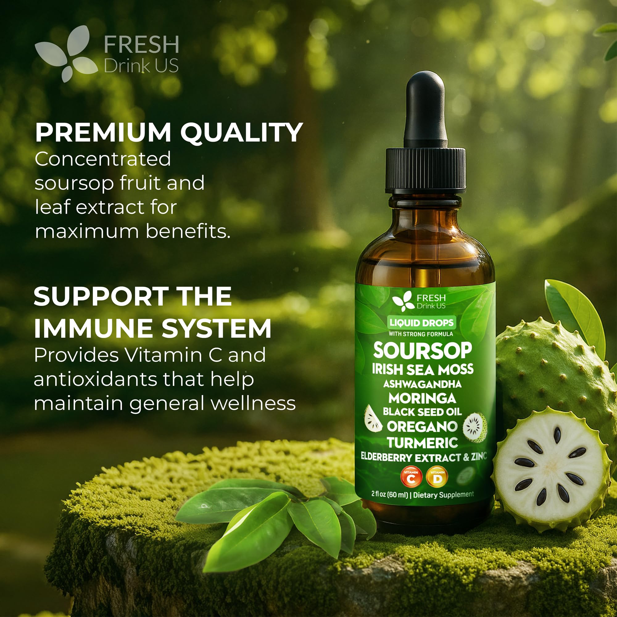 FRESHDRINKUS Soursop Leaves herbal supplement 2 fl oz bottle with dropper