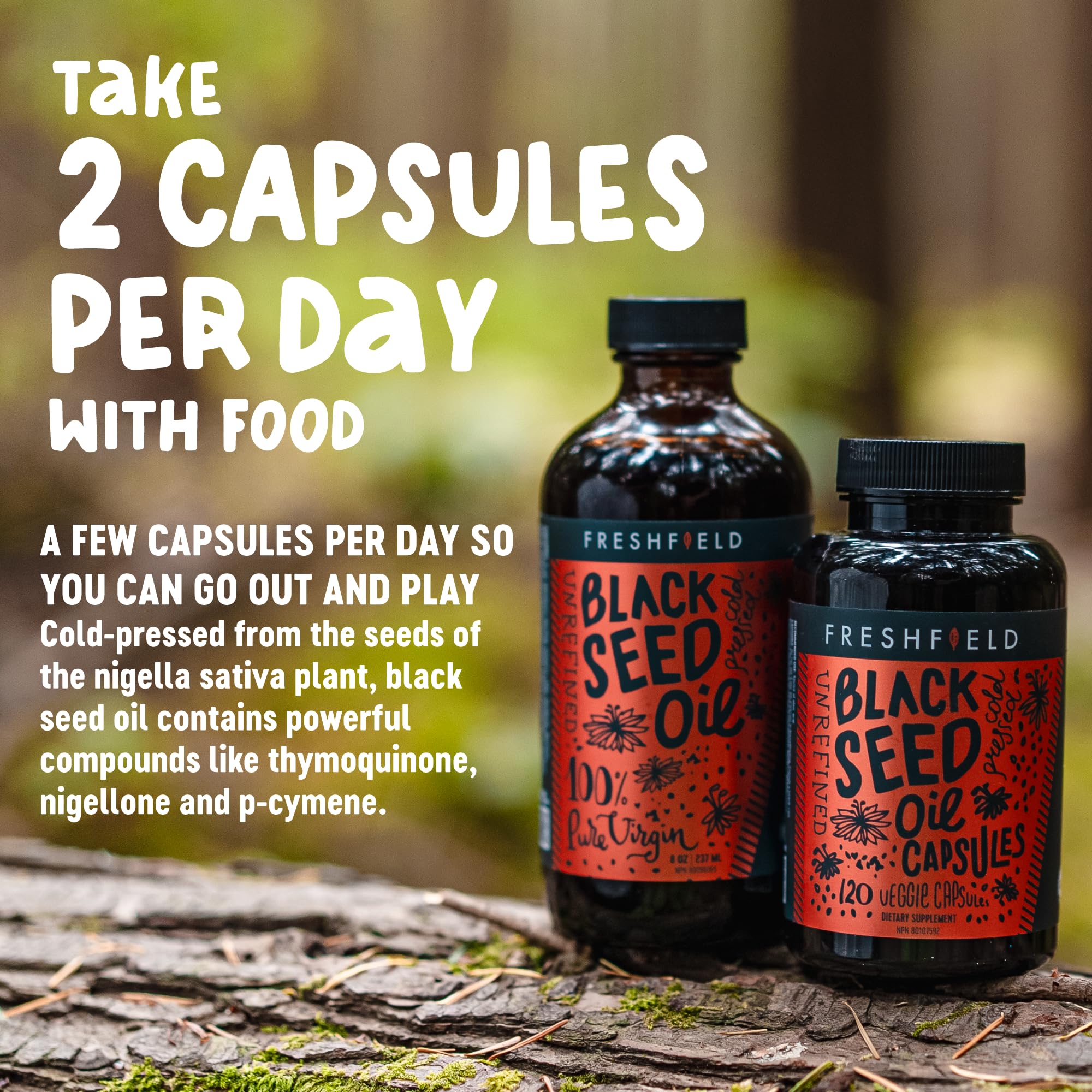 Freshfield Black Seed Oil Capsules 120g with capsules displayed
