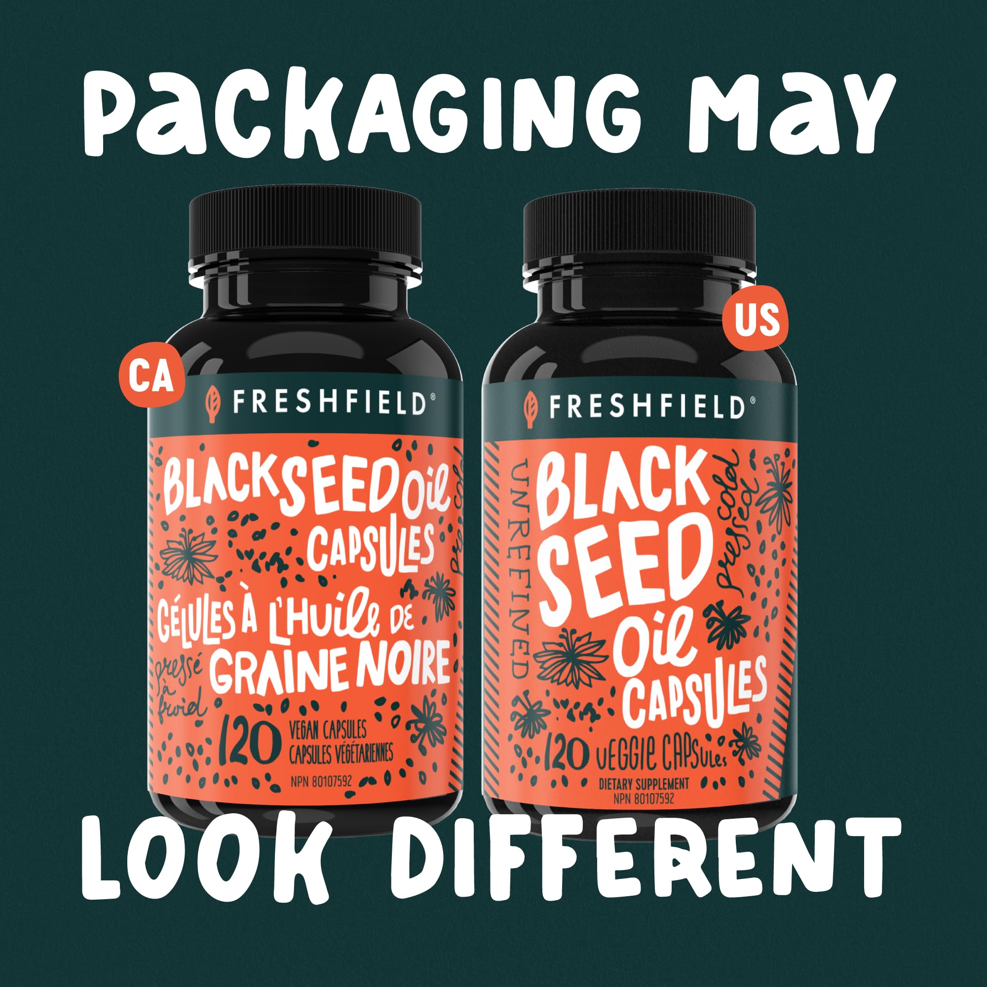 Freshfield Black Seed Oil Capsules 120g with ingredients list