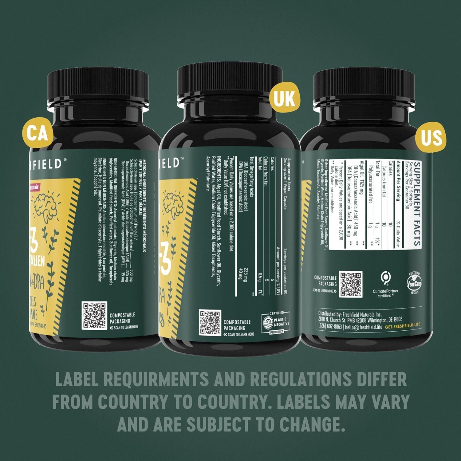 Freshfield Vegan Omega-3 DHA + DPA 225mg capsules with a measuring spoon