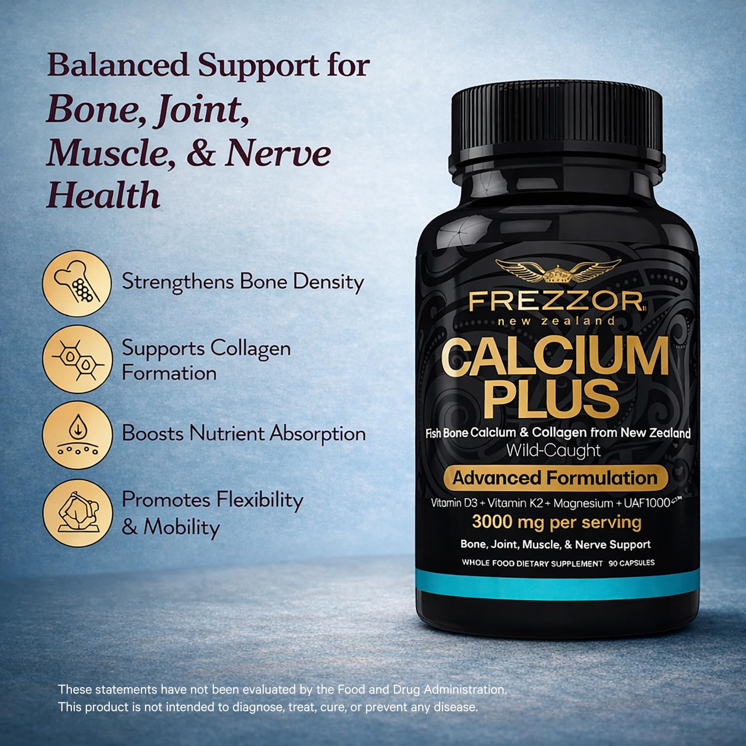 FREZZOR Calcium Plus capsules back view with ingredient list
