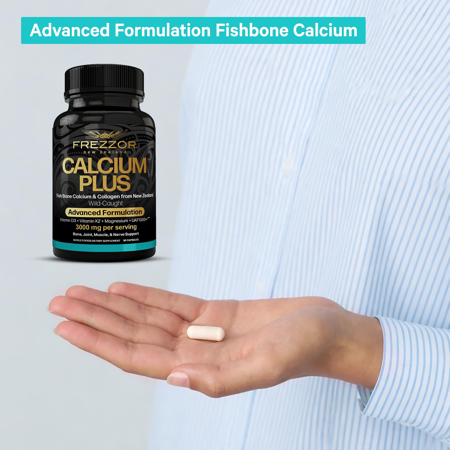 FREZZOR Calcium Plus capsules opened showing the contents