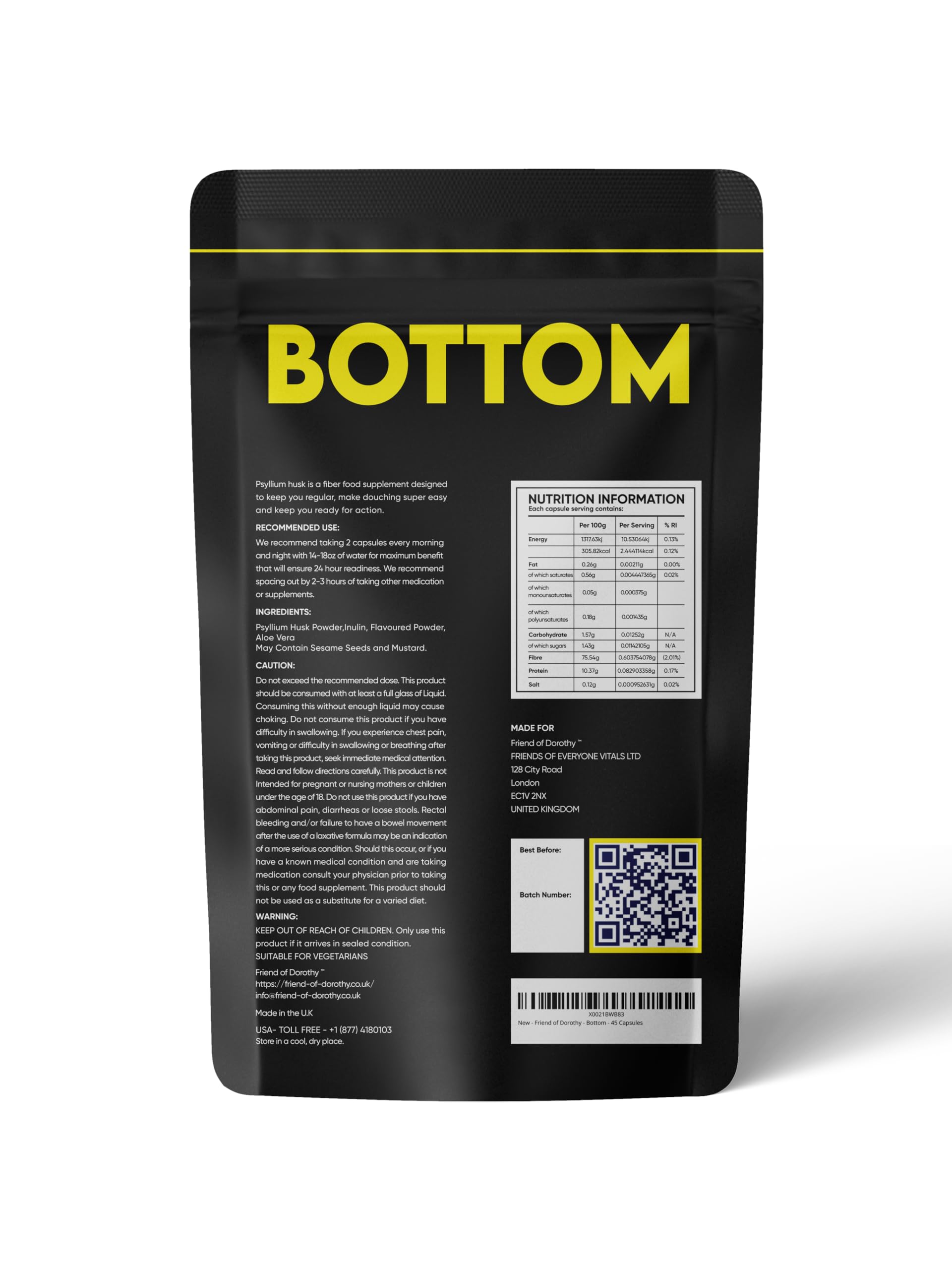 FRIEND OF DOROTHY BOTTOM Psyllium Husk Capsules opened bottle