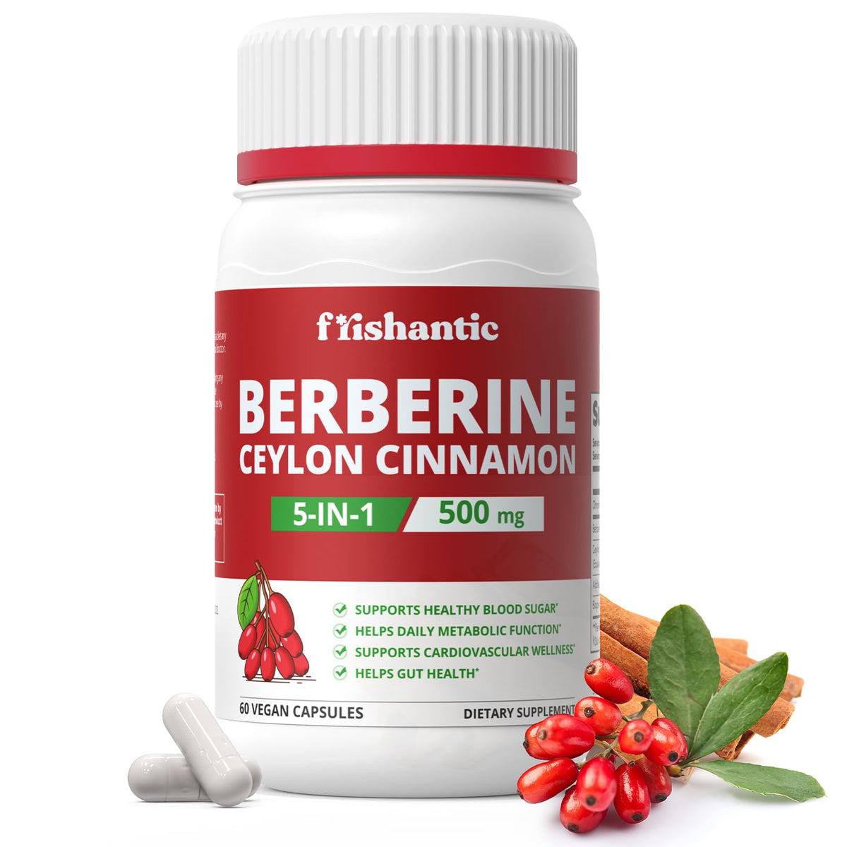 Frishantic Cinnamon Supplement 500mg Berberine 60 Capsules front view