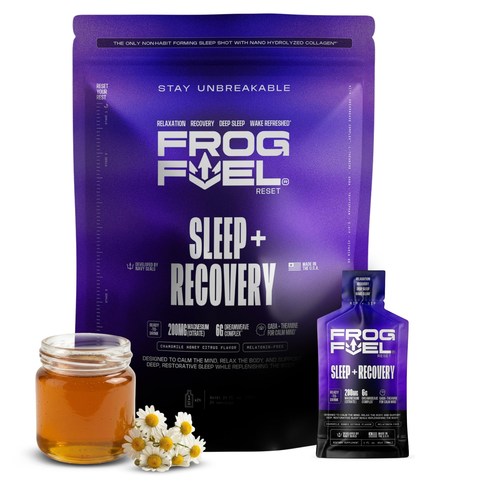 Frog Fuel Reset Liquid Sleep Supplement Shot, Chamomile Honey, front view