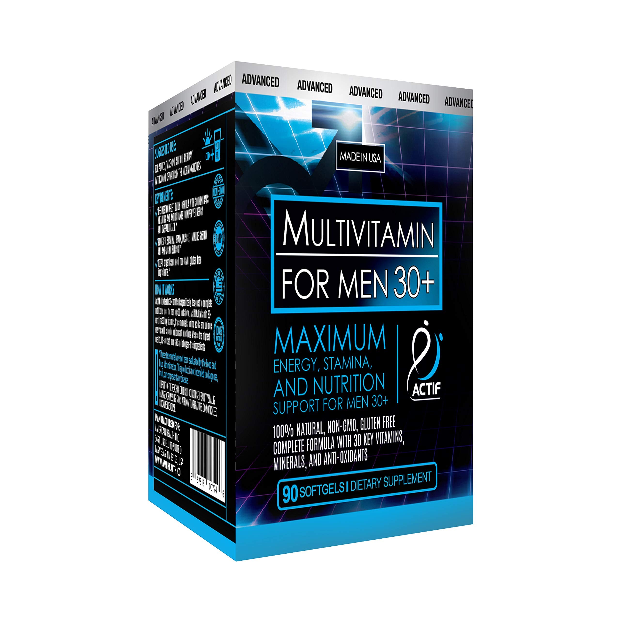 Front view of ACTIF Men's Multivitamin bottle with 30+ vitamins