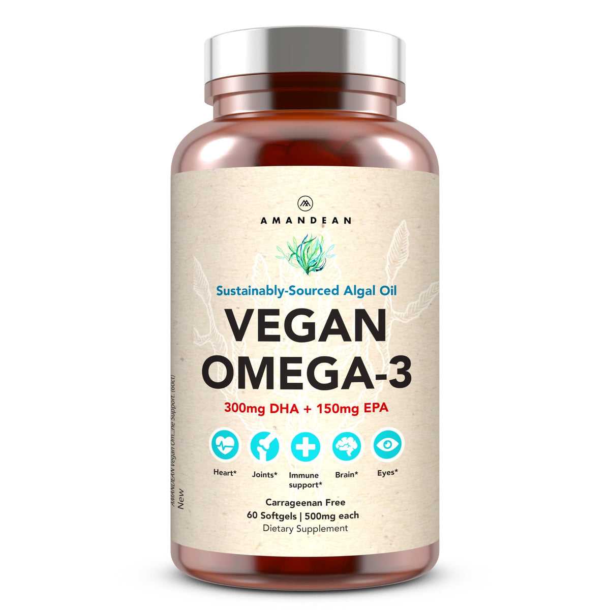 Front view of AMANDEAN Vegan Omega-3 Algal Oil Capsules bottle