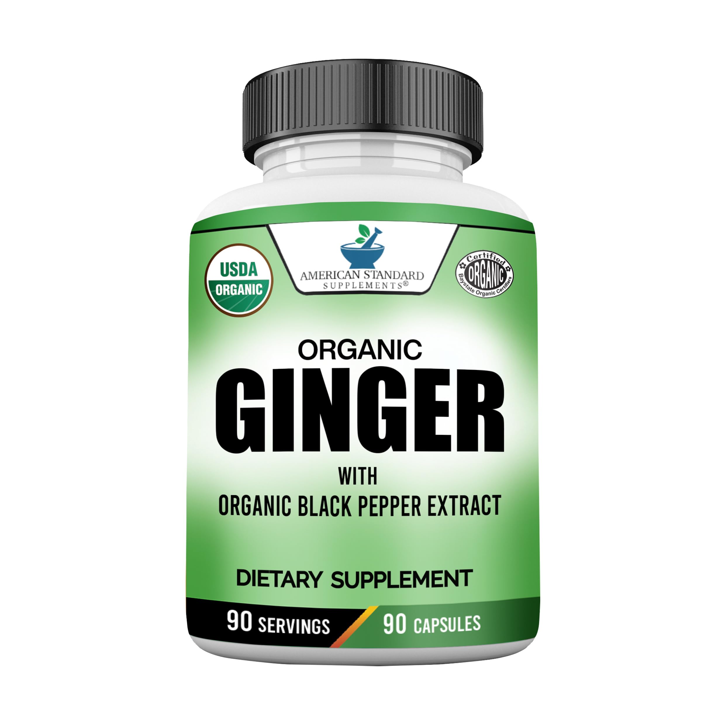 Front view of American Standard Supplements Organic Ginger Capsules bottle