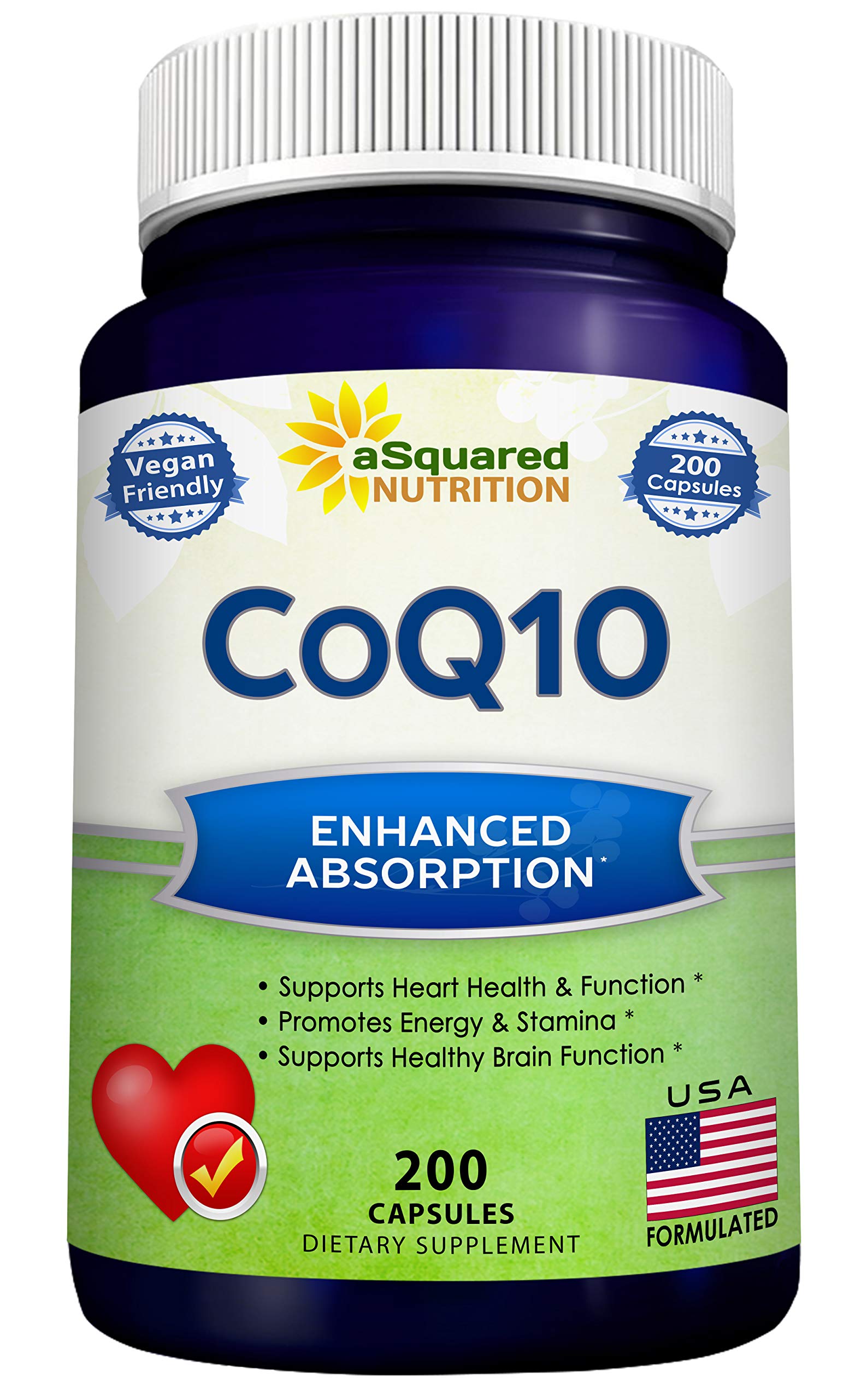 Front view of aSquared Nutrition CoQ10 400mg 200 capsules bottle