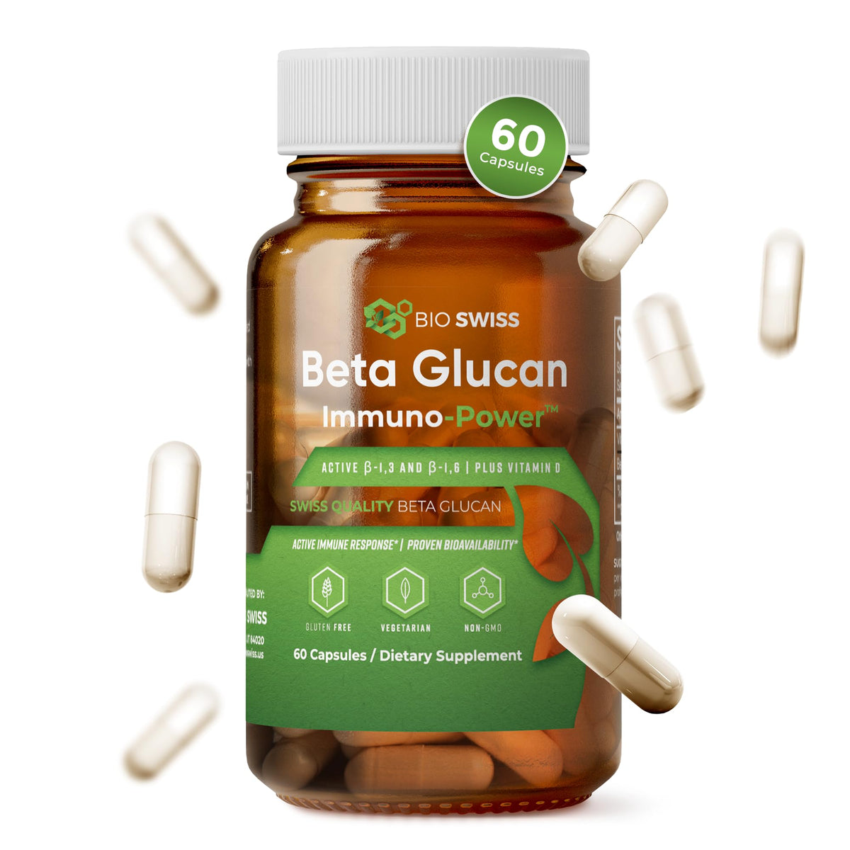 Front view of Bio Schwiiz Beta Glucan Supplement 165g capsules