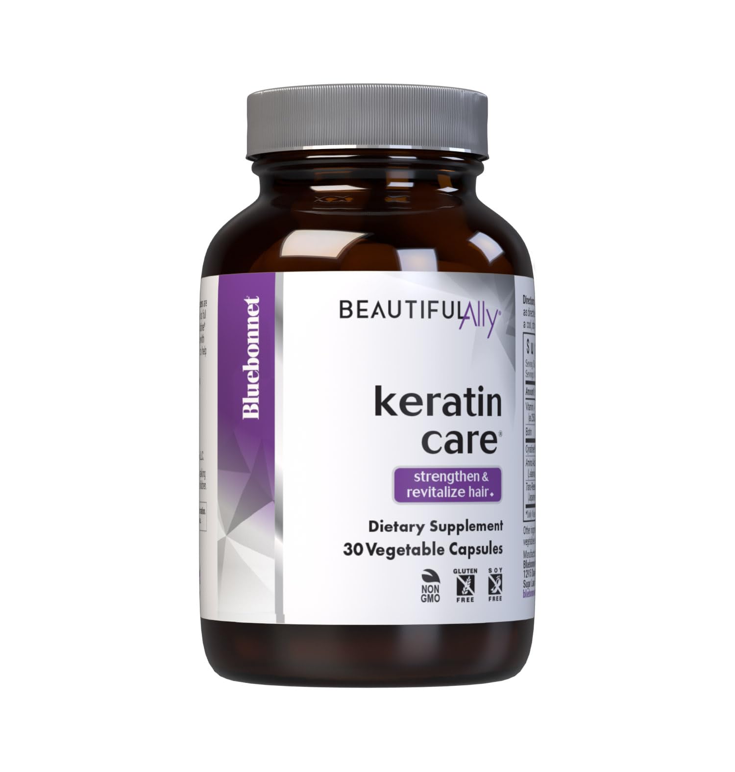 Front view of BlueBonnet Beautiful Ally Keratin Care Capsules bottle