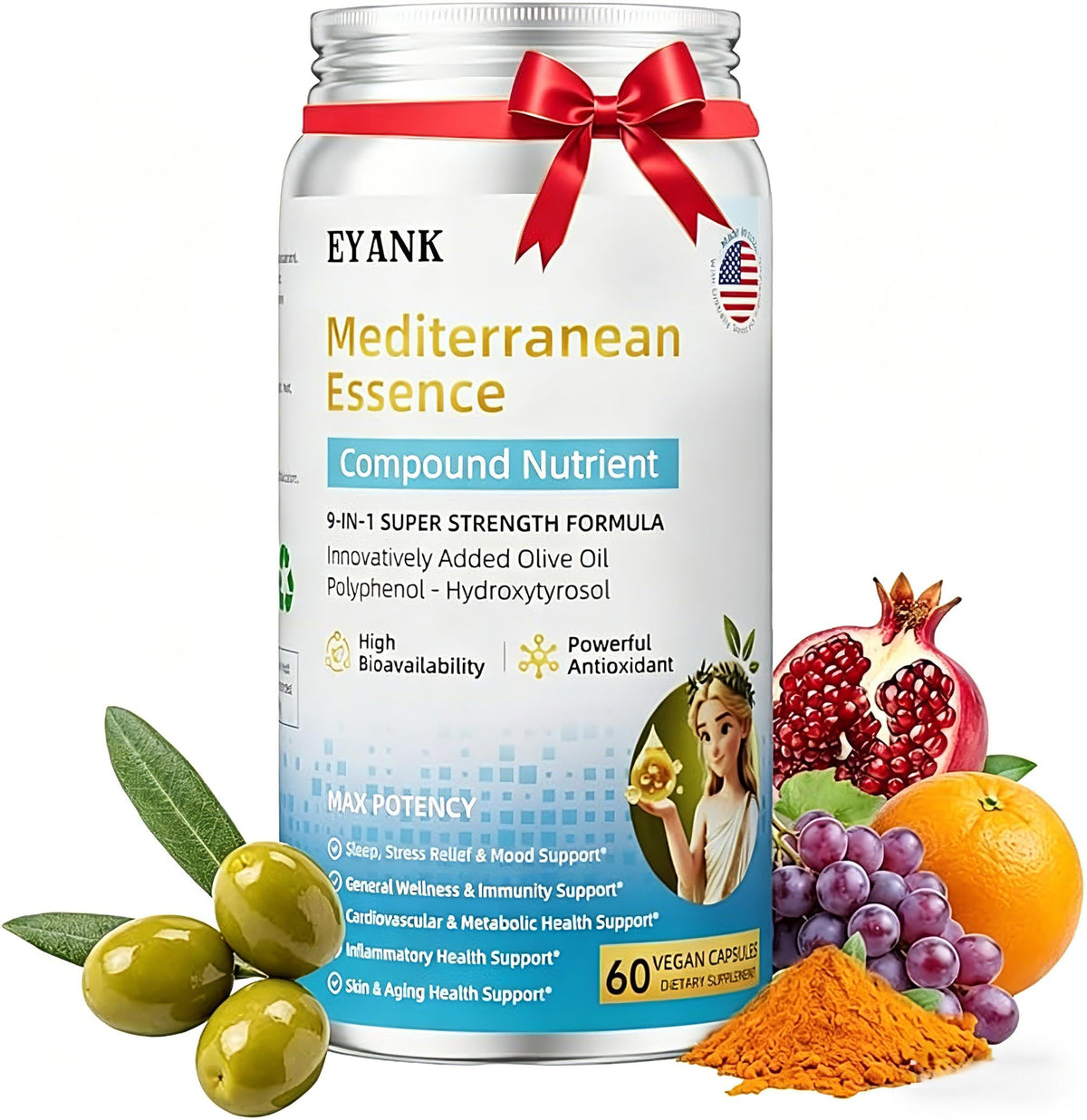 Front view of EYANK Olive Leaf Extract 25% Hydroxytyrosol 60 capsules