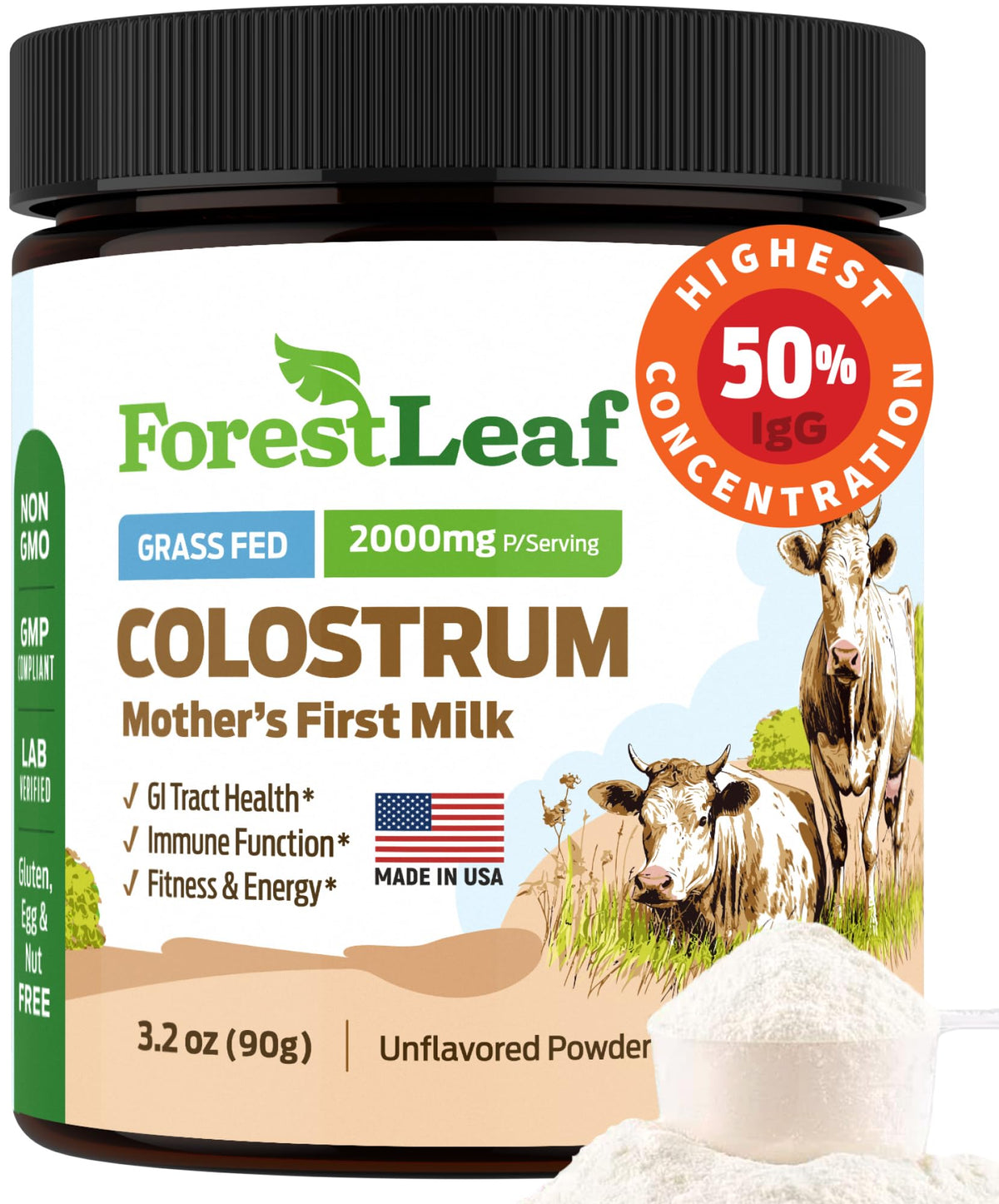 Front view of ForestLeaf Bovine Colostrum Powder 118g packaging