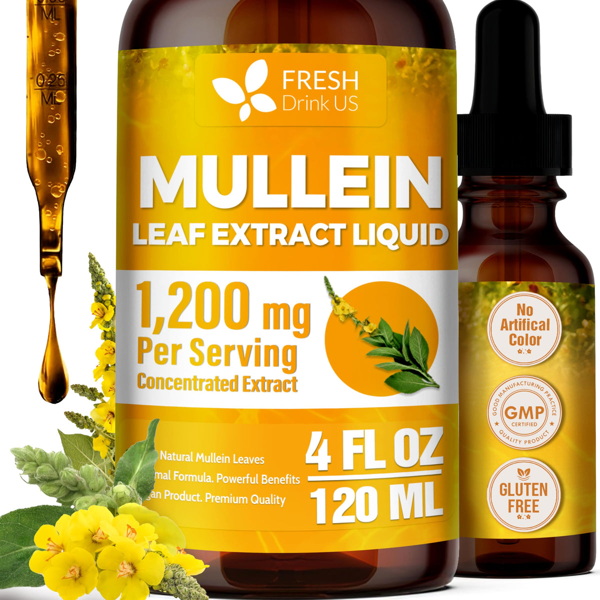 Front view of FRESHDRINKUS Mullein Extract Liquid 1200mg bottle